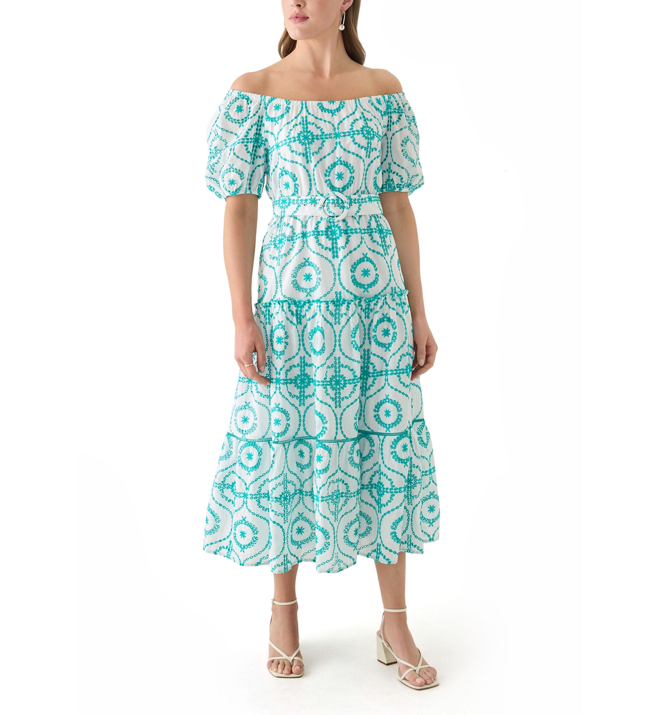 Womens Belted Maxi Eyelet Dress