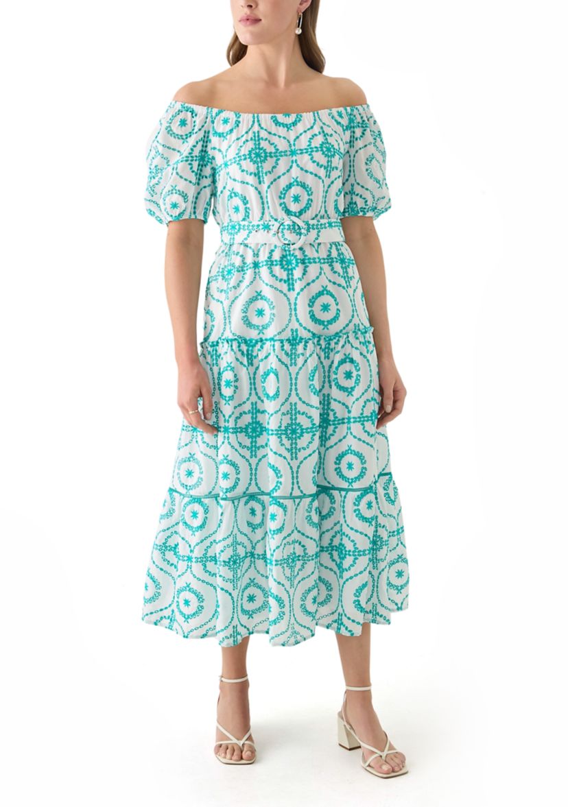 Womens Belted Maxi Eyelet Dress