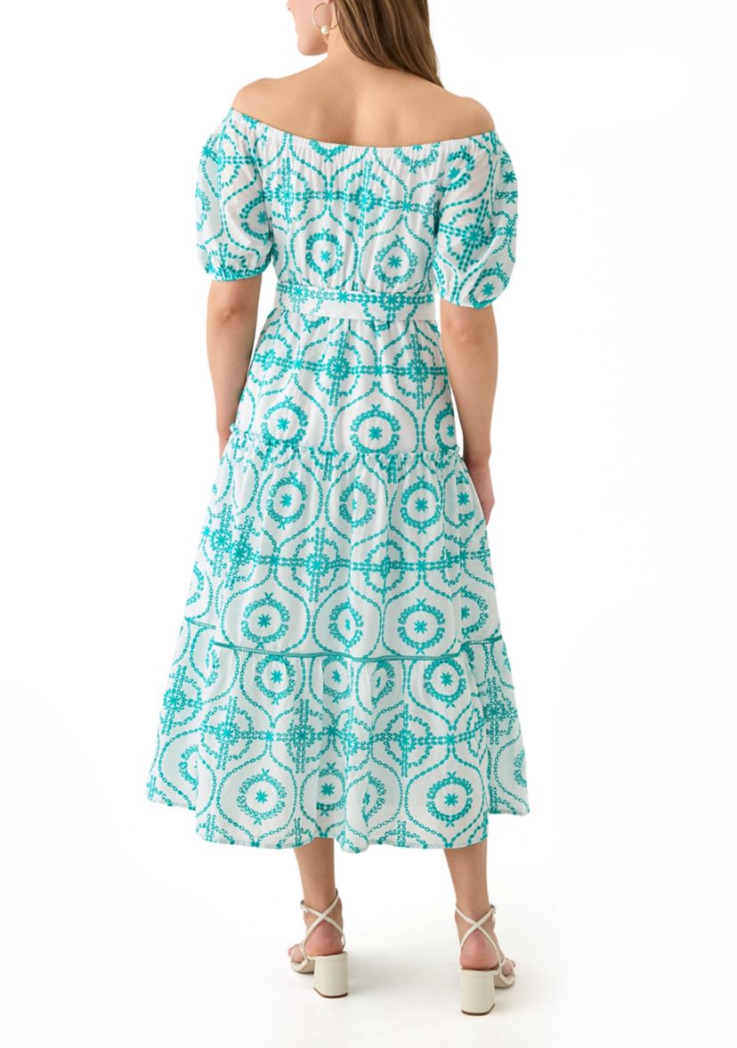 Womens Belted Maxi Eyelet Dress