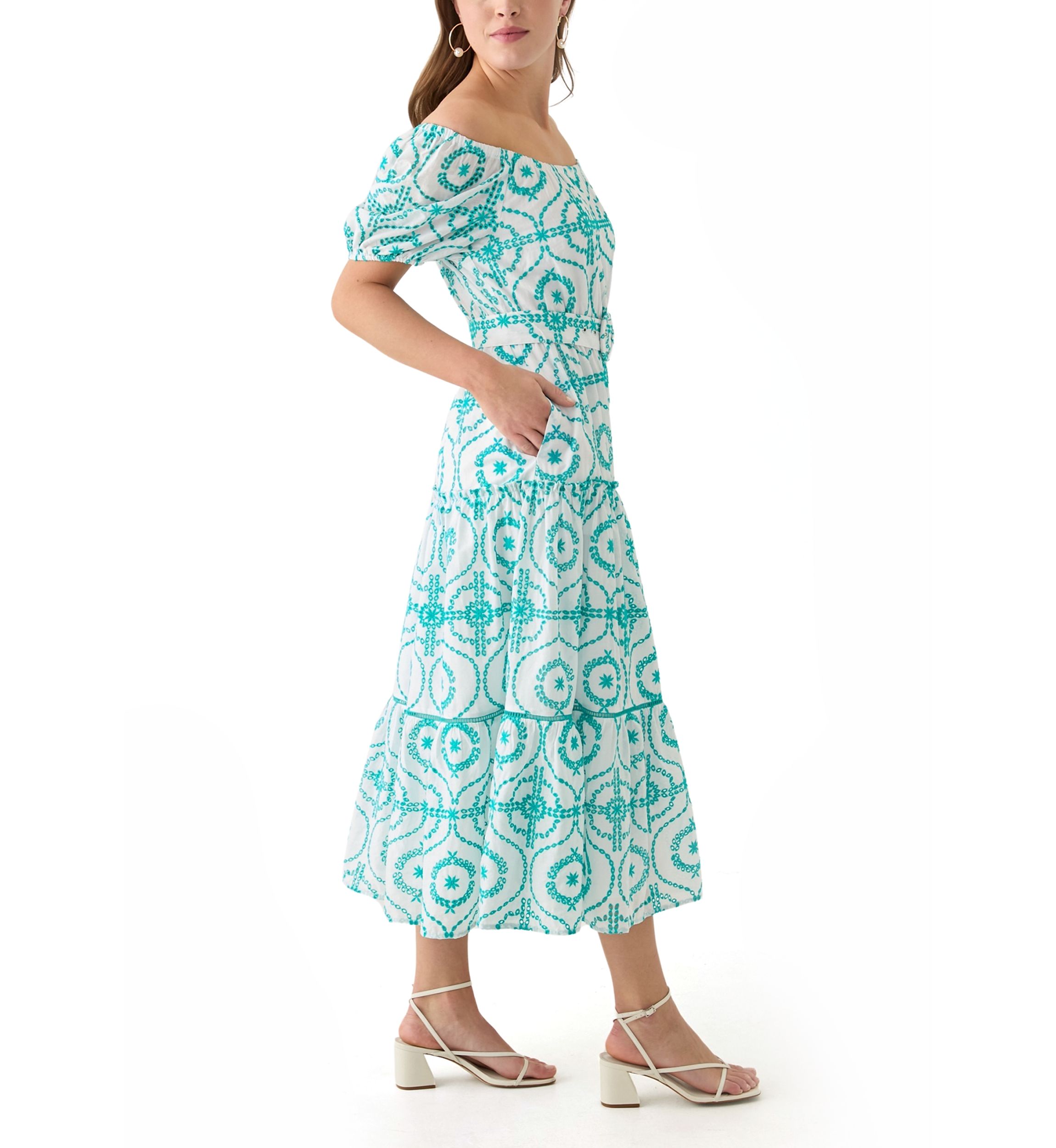 Womens Belted Maxi Eyelet Dress