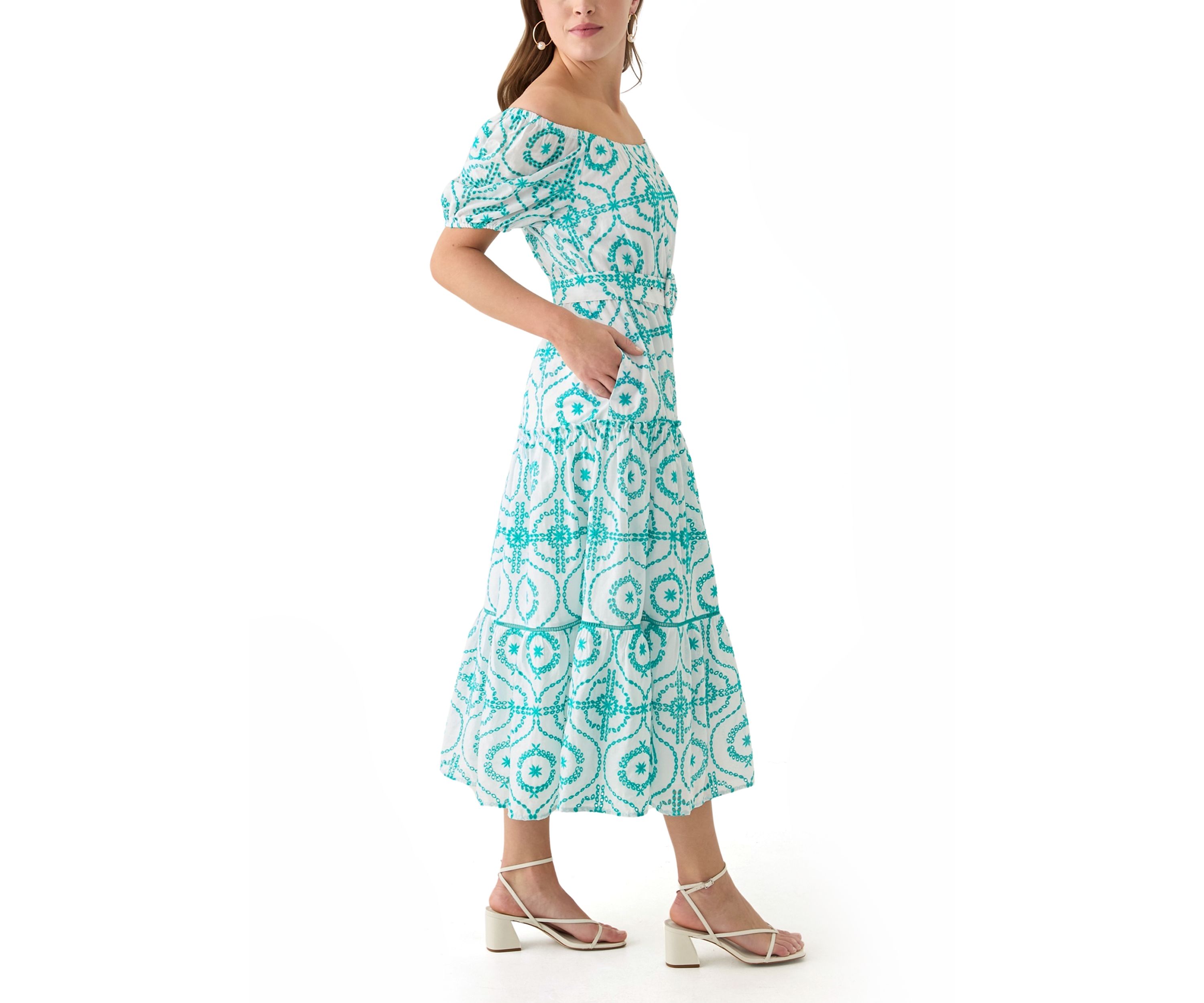Womens Belted Maxi Eyelet Dress