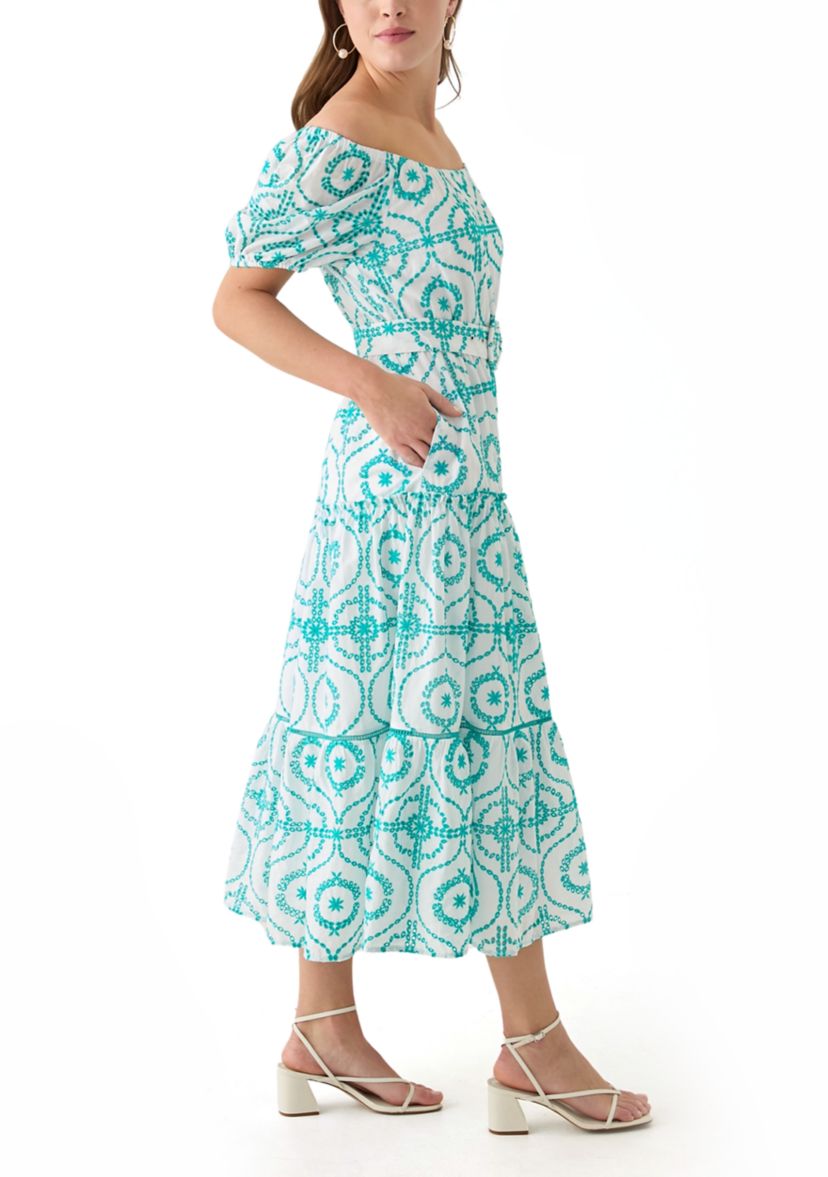Womens Belted Maxi Eyelet Dress