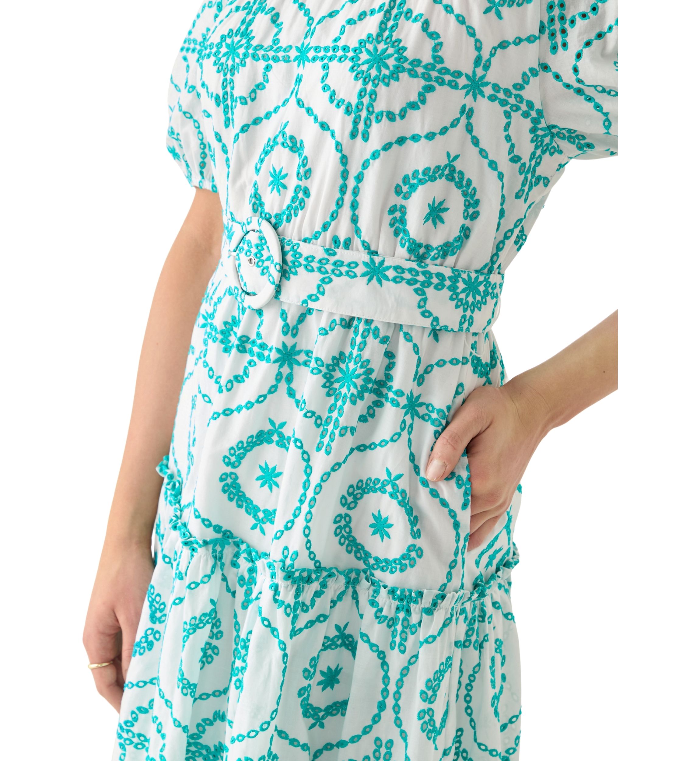 Womens Belted Maxi Eyelet Dress