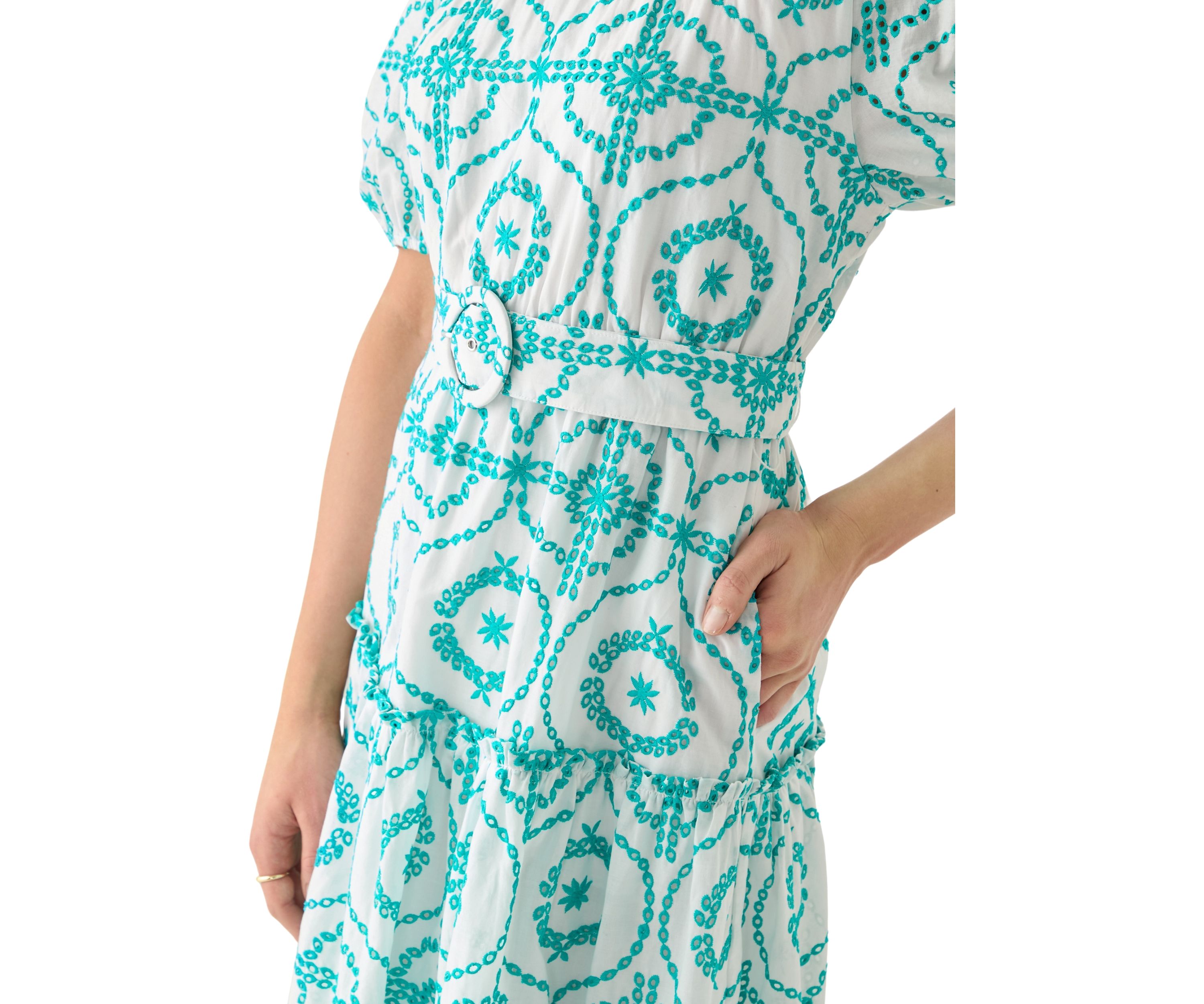 Womens Belted Maxi Eyelet Dress
