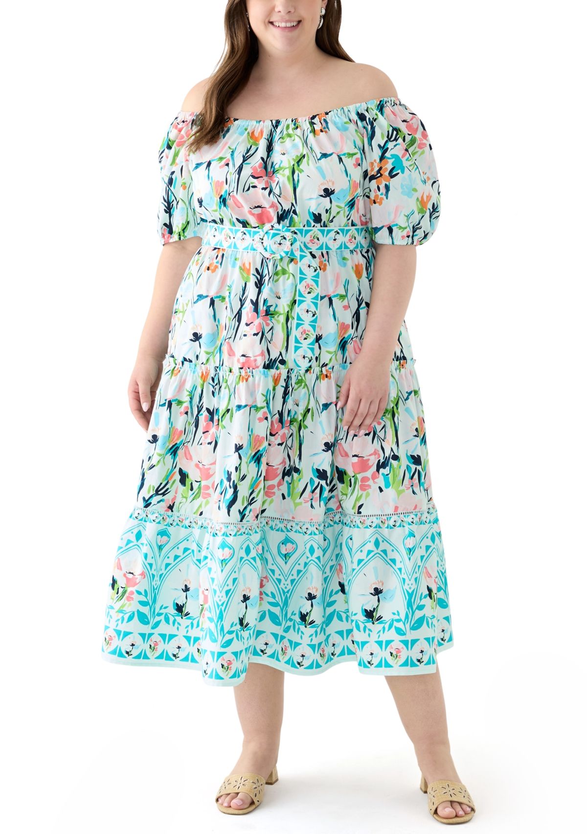 Plus Size Off the Shoulder Puff Sleeve Printed Maxi Dress