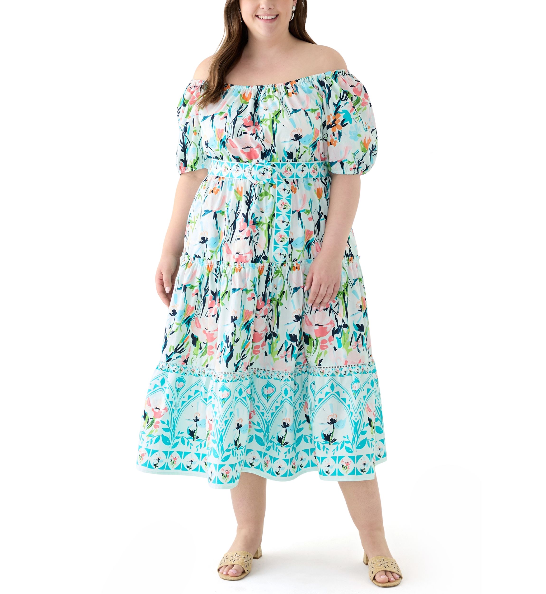 Plus Size Off the Shoulder Puff Sleeve Printed Maxi Dress