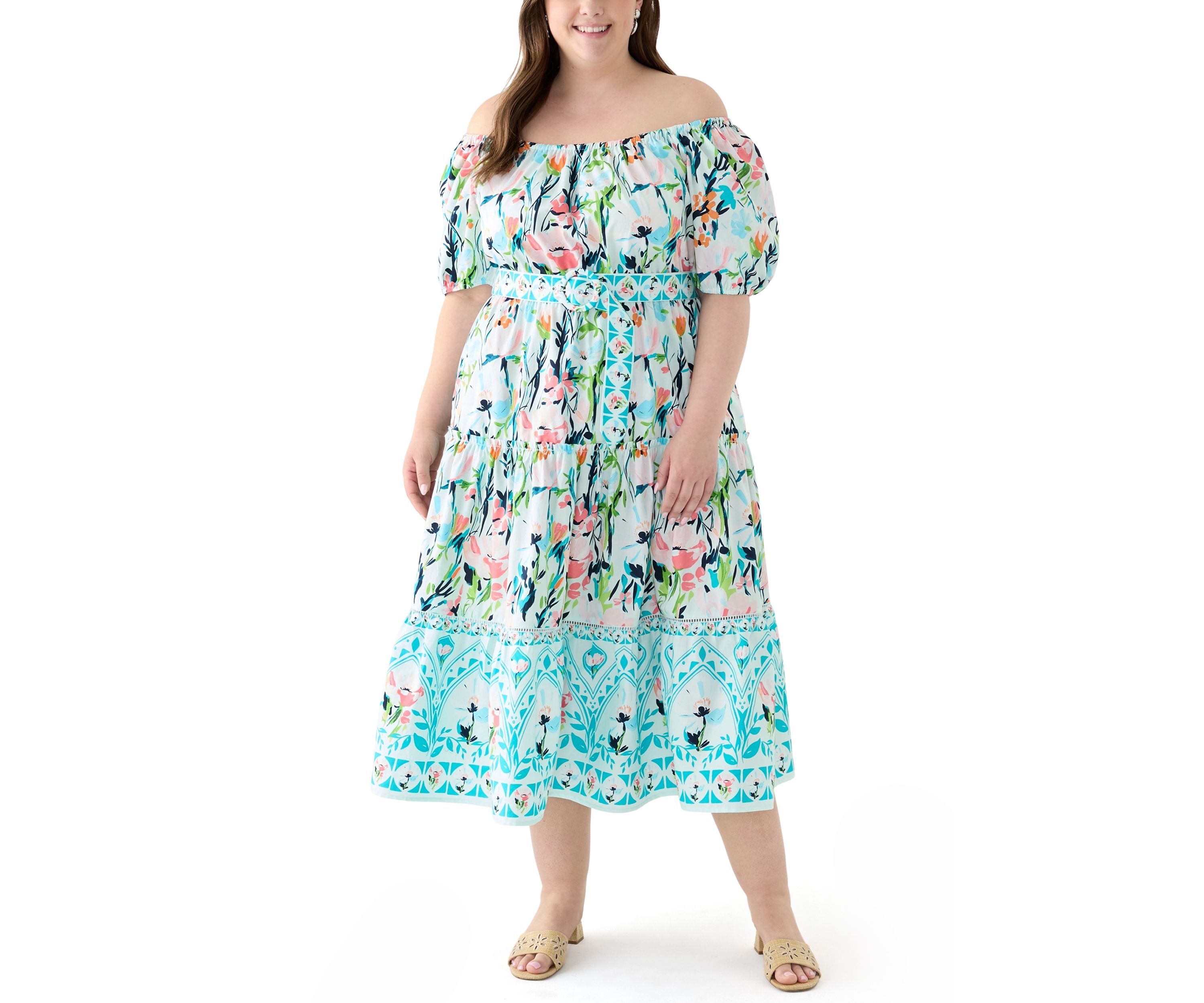 Plus Size Off the Shoulder Puff Sleeve Printed Maxi Dress
