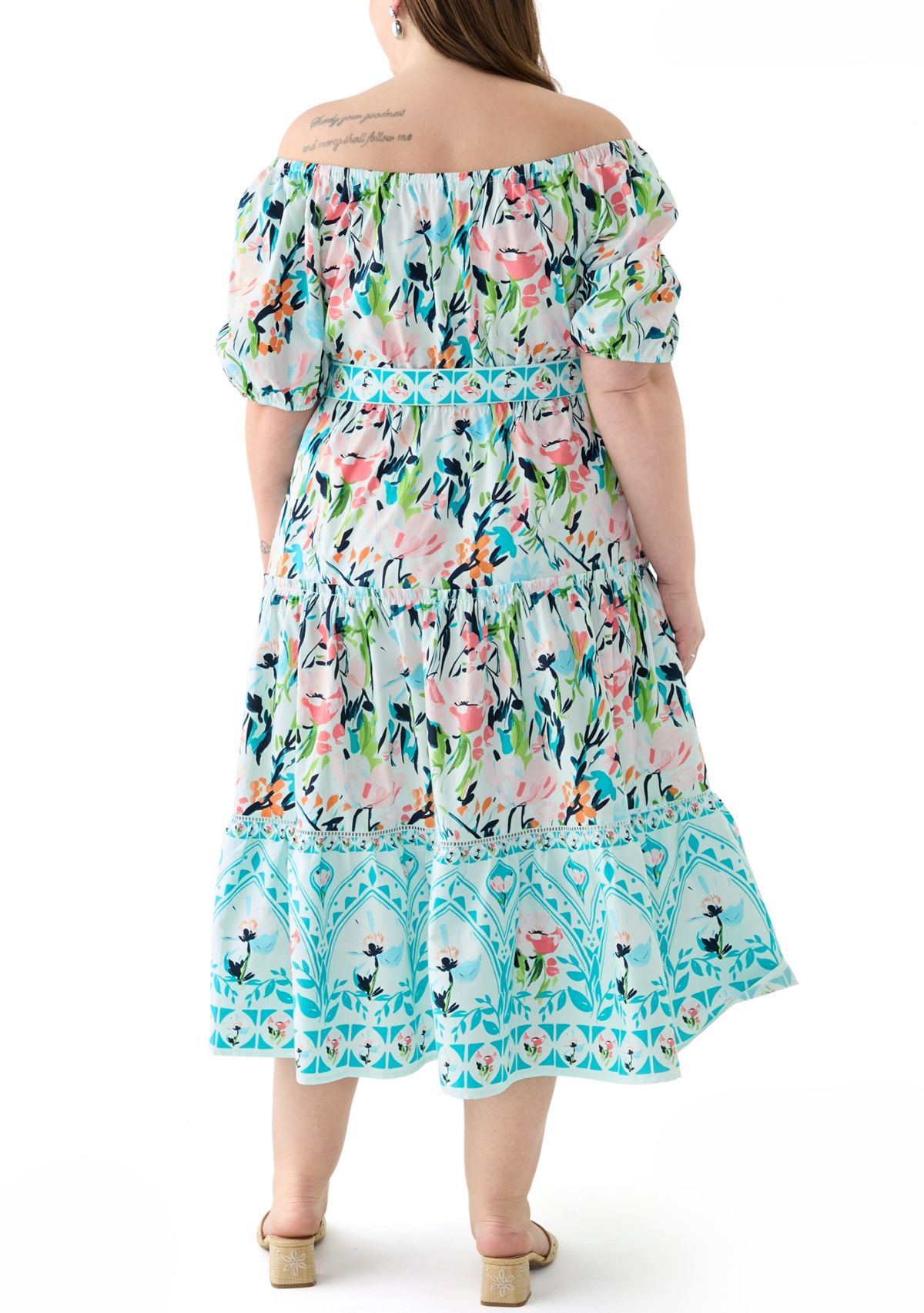 Plus Size Off the Shoulder Puff Sleeve Printed Maxi Dress