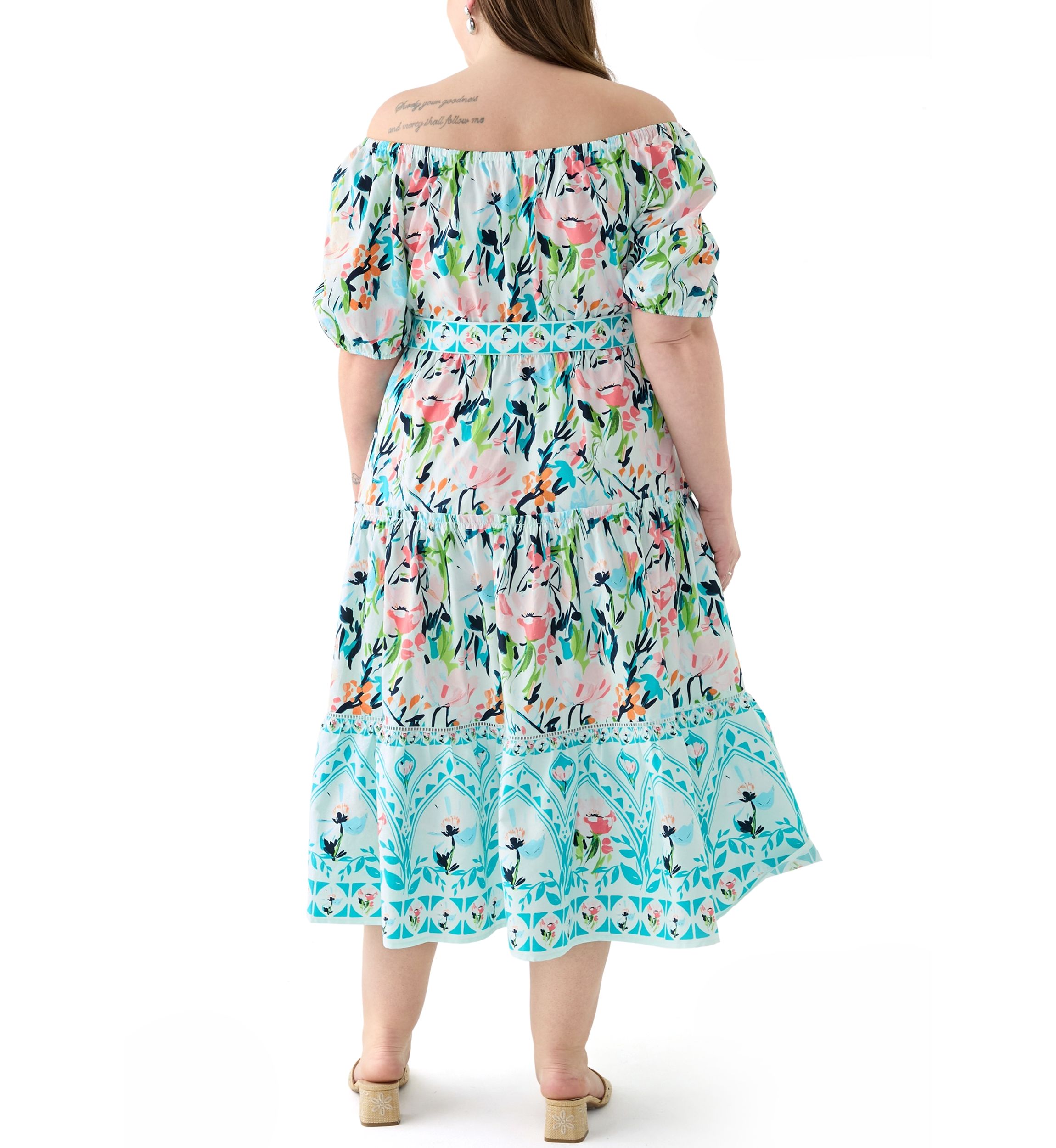 Plus Size Off the Shoulder Puff Sleeve Printed Maxi Dress