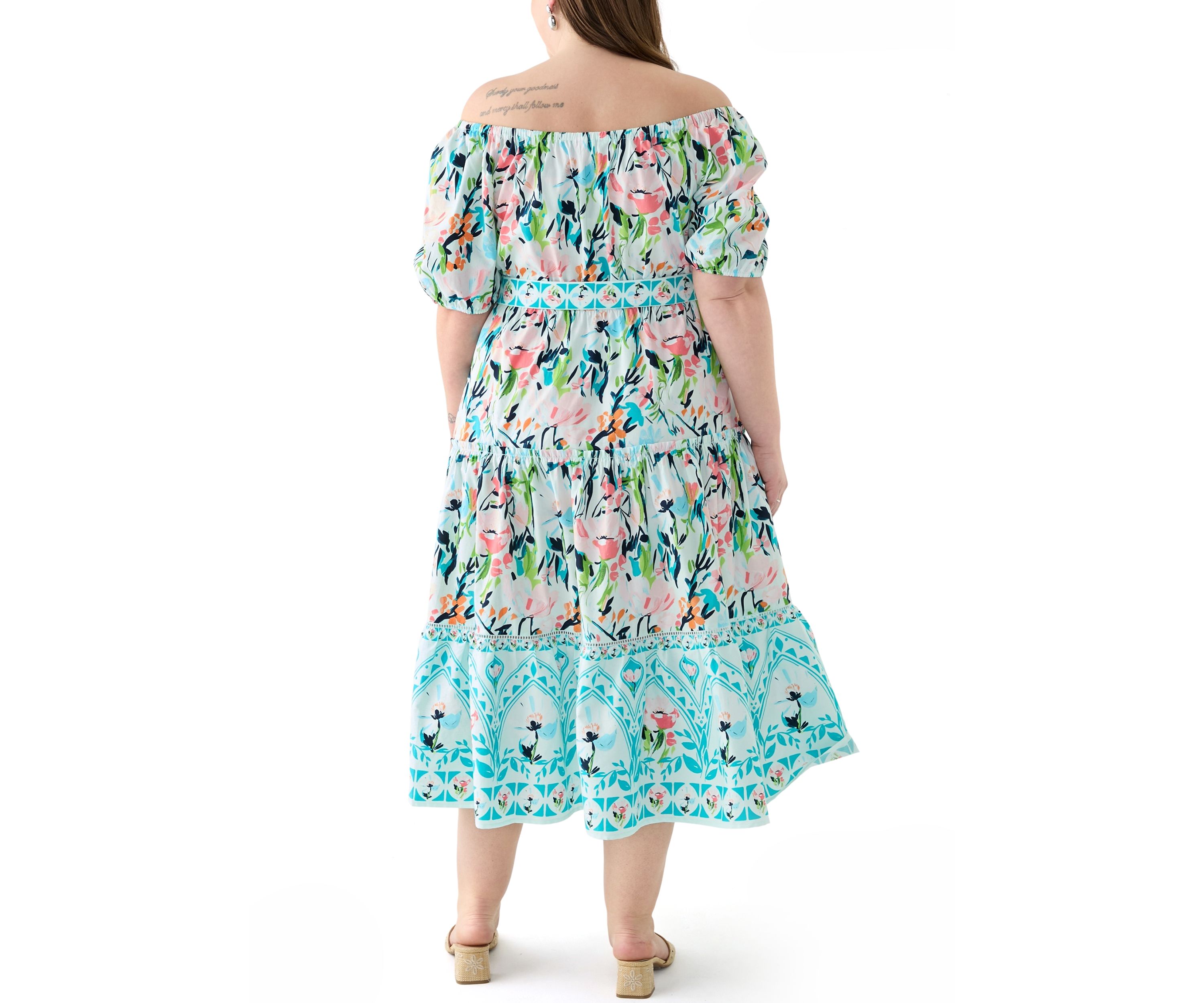 Plus Size Off the Shoulder Puff Sleeve Printed Maxi Dress