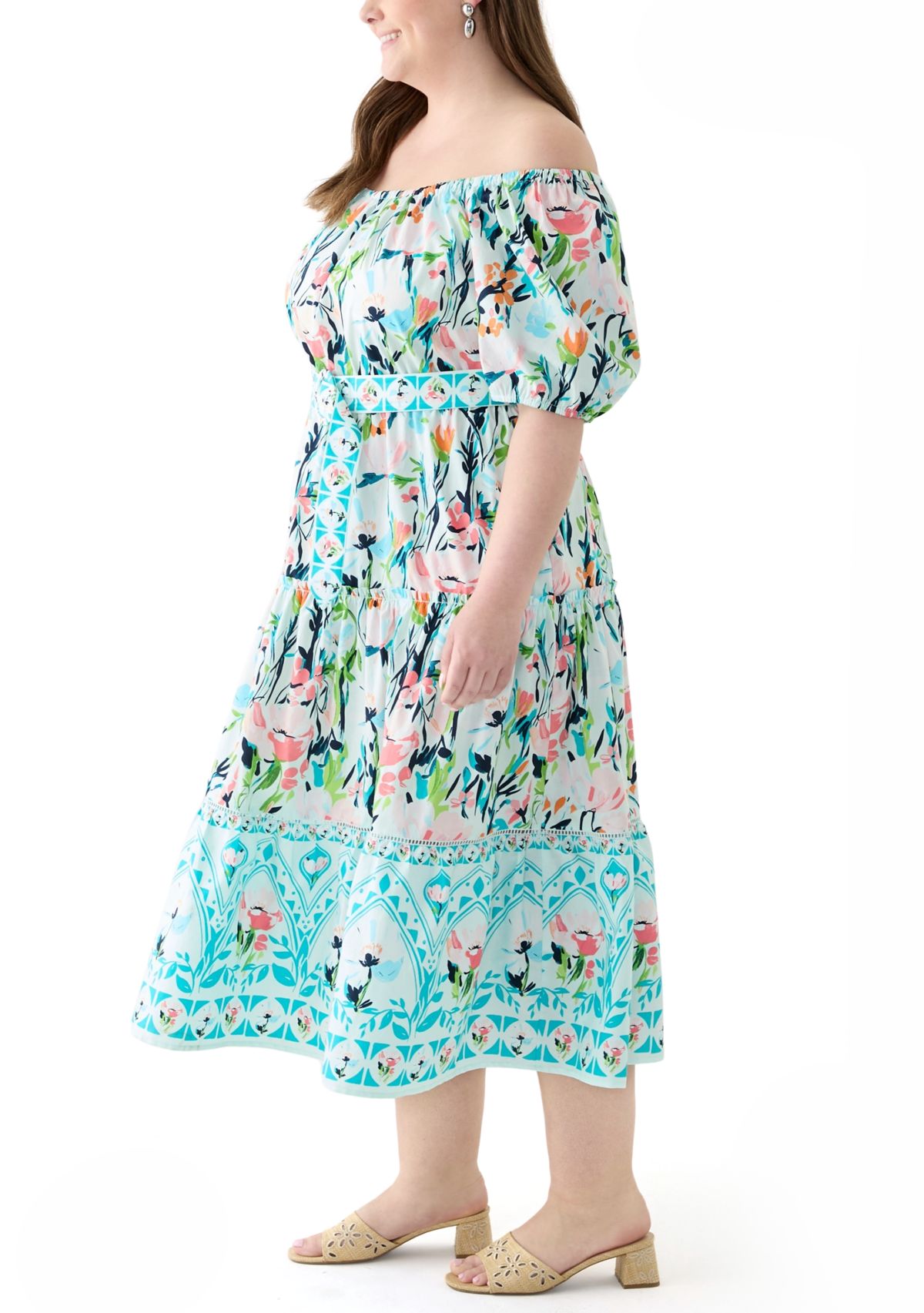 Plus Size Off the Shoulder Puff Sleeve Printed Maxi Dress