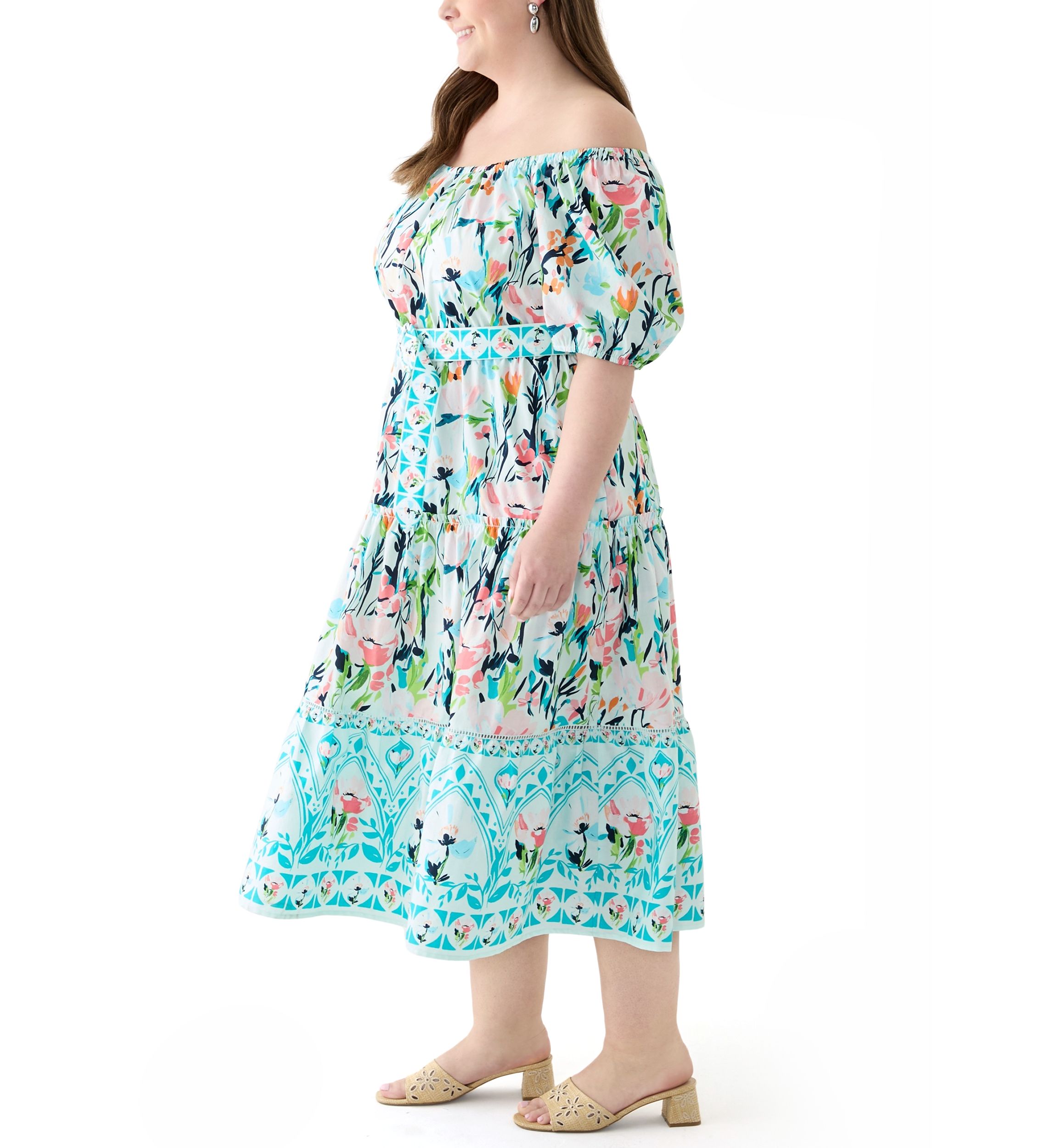 Plus Size Off the Shoulder Puff Sleeve Printed Maxi Dress