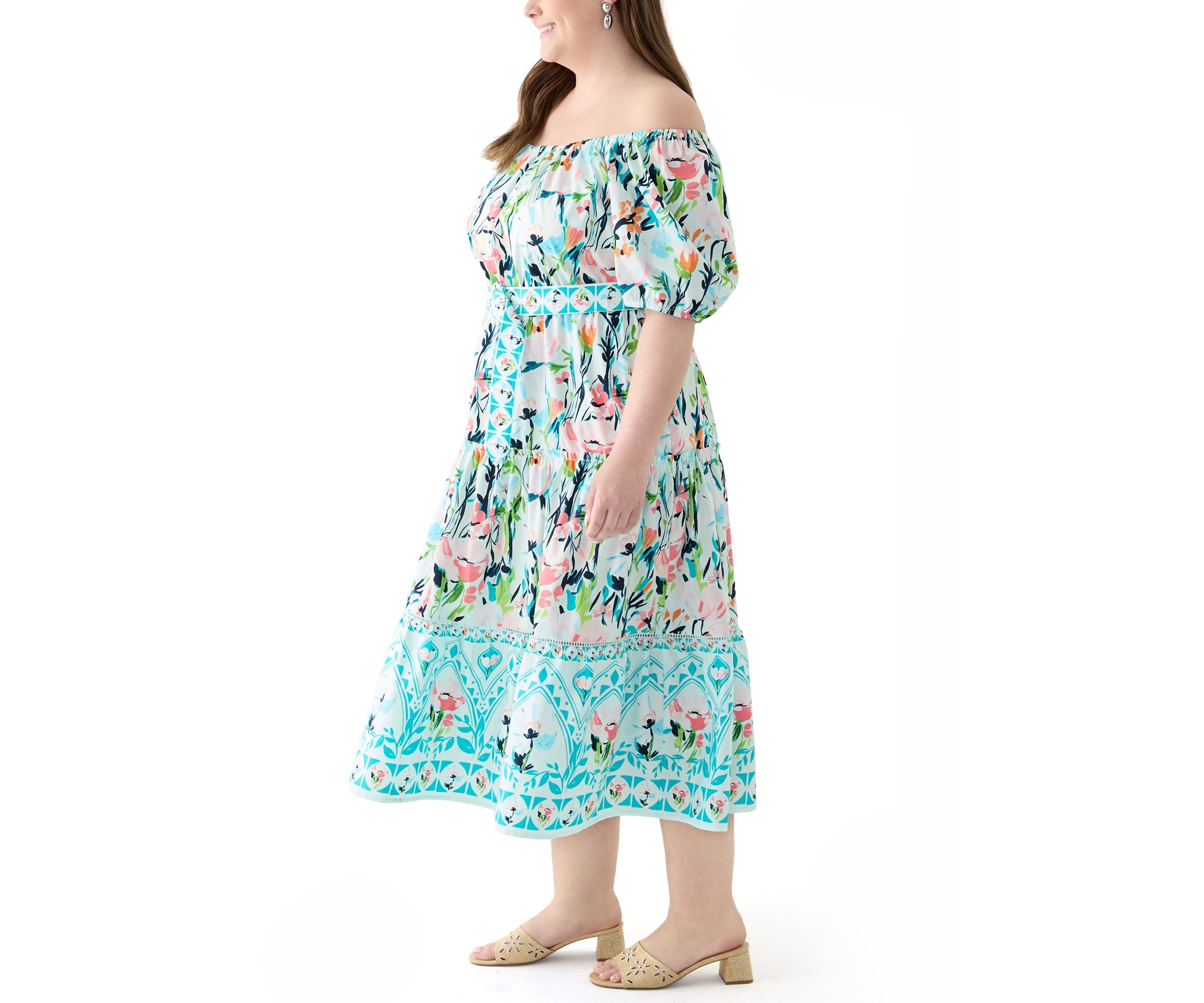 Plus Size Off the Shoulder Puff Sleeve Printed Maxi Dress