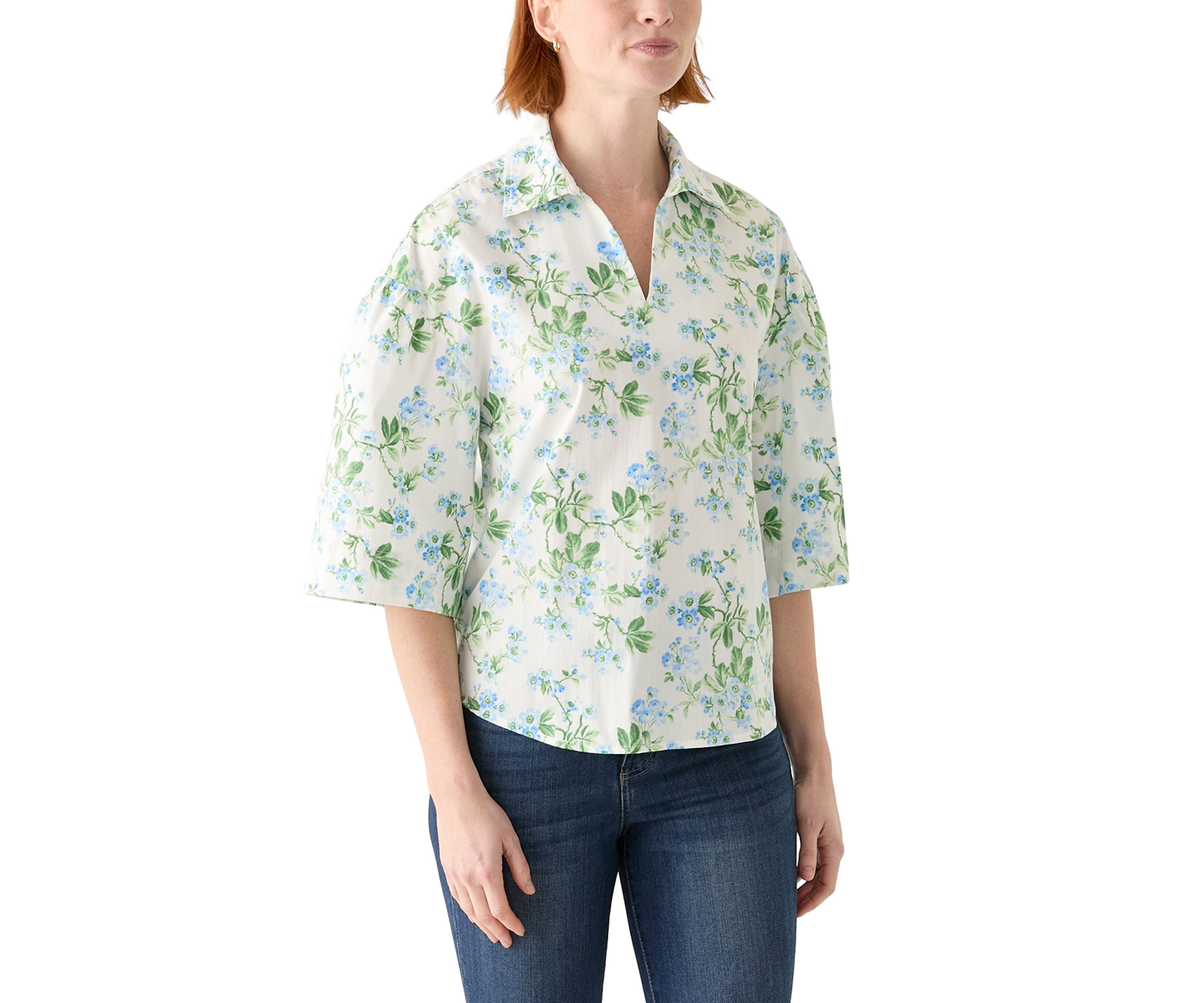  Womens 3/4 Popover Poplin Top 