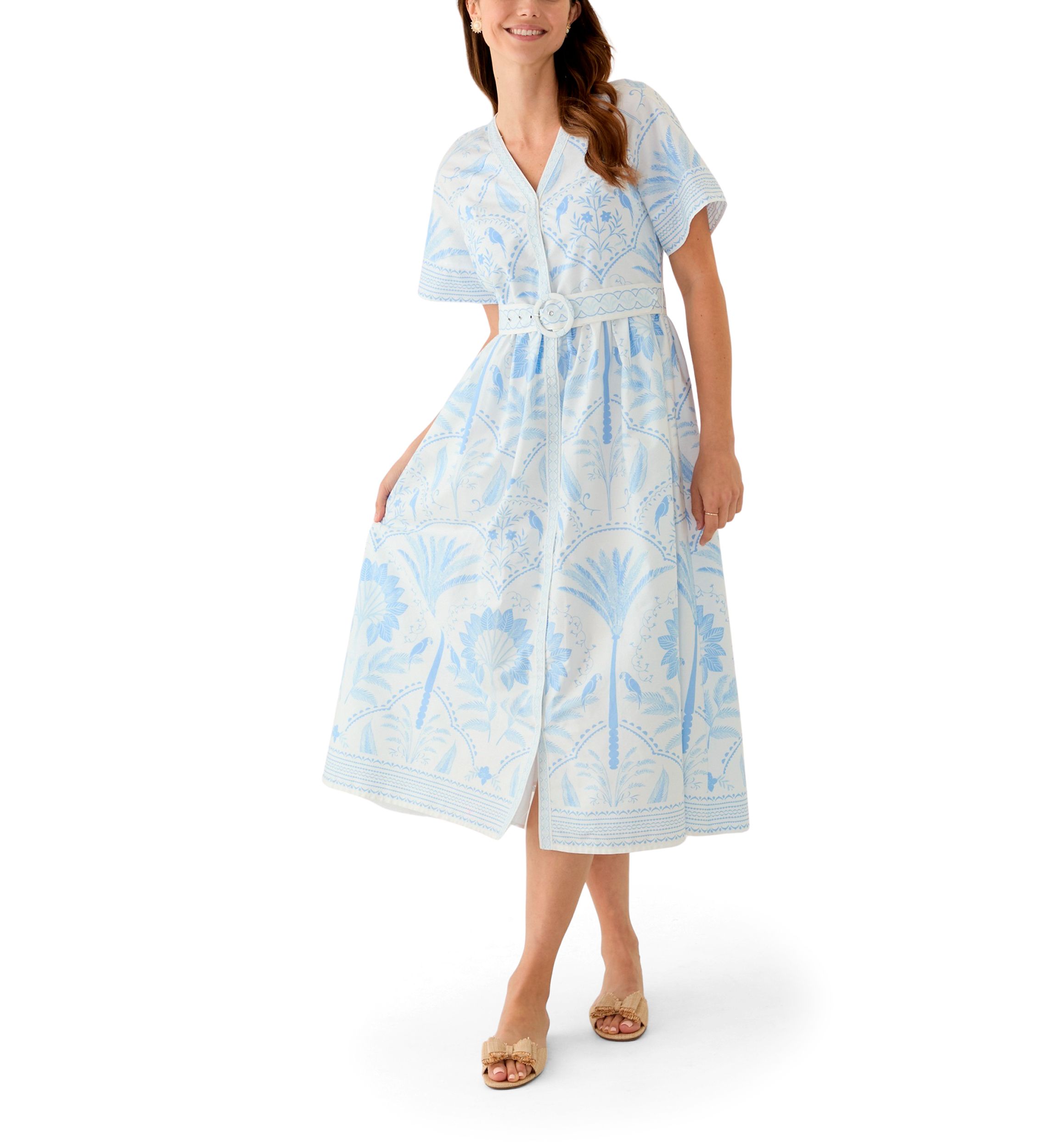 Womens Short Sleeve Embroidered Belted Midi Dress