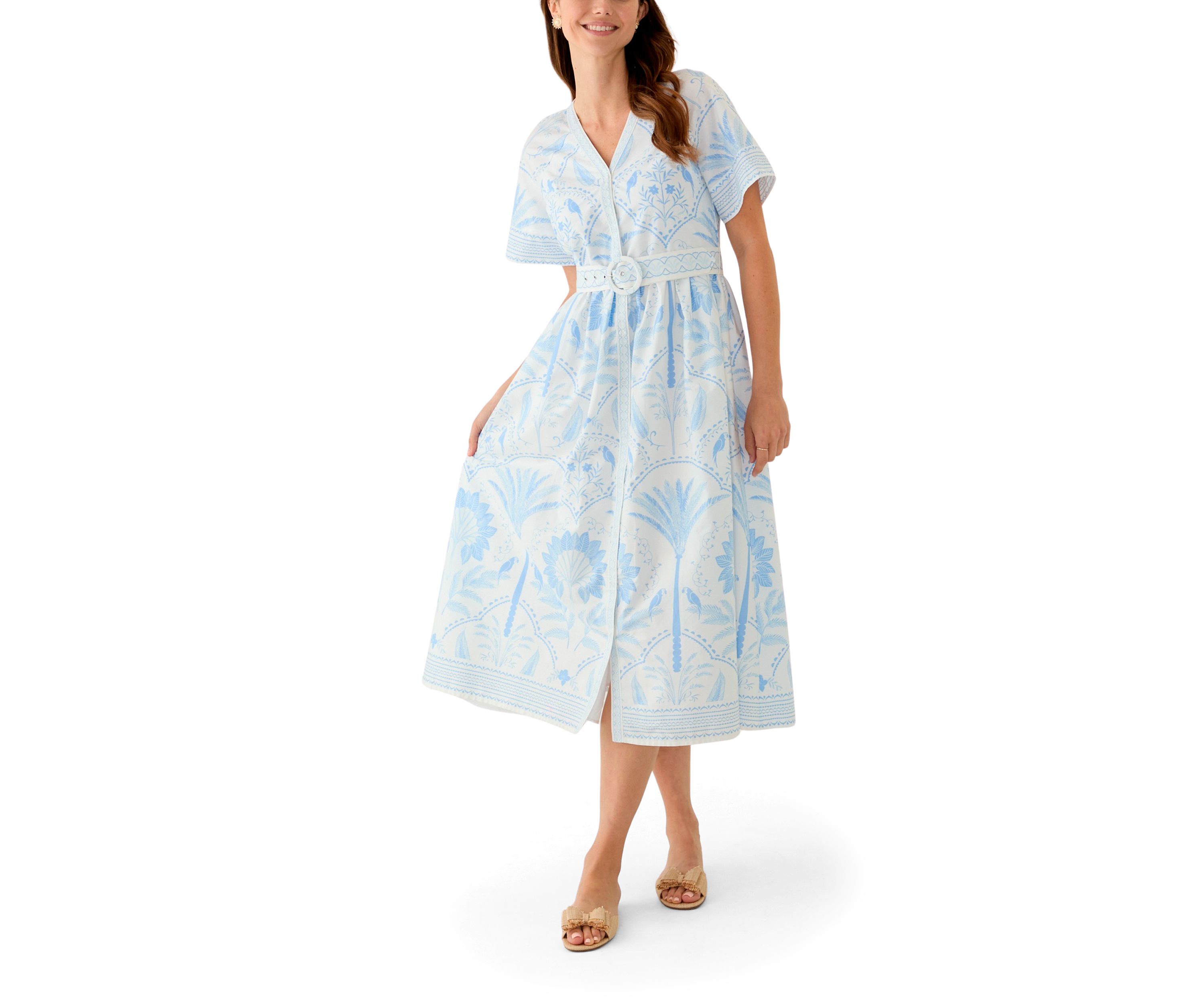 Womens Short Sleeve Embroidered Belted Midi Dress