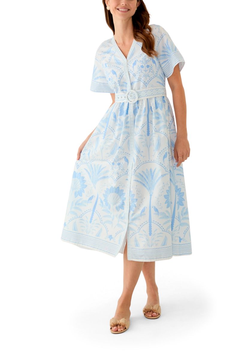 Womens Short Sleeve Embroidered Belted Midi Dress