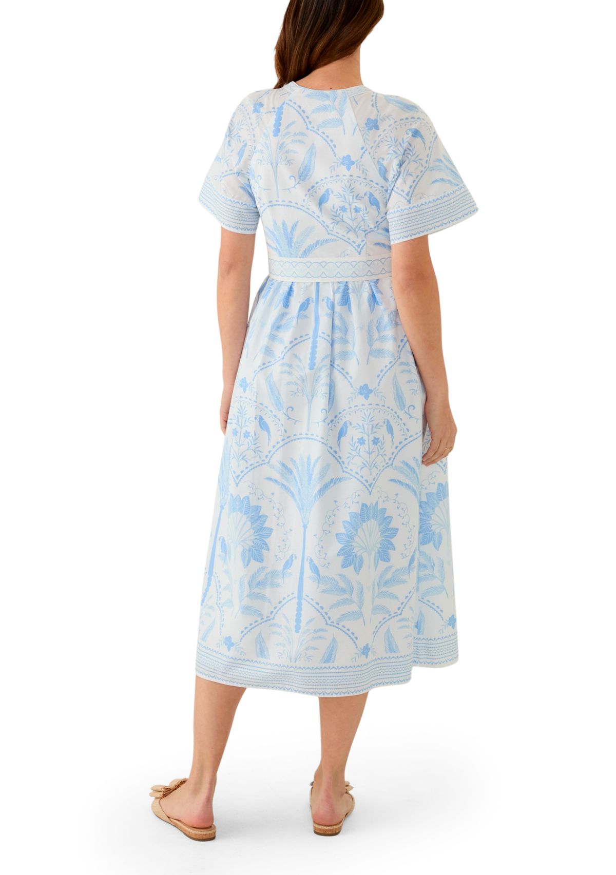 Womens Short Sleeve Embroidered Belted Midi Dress