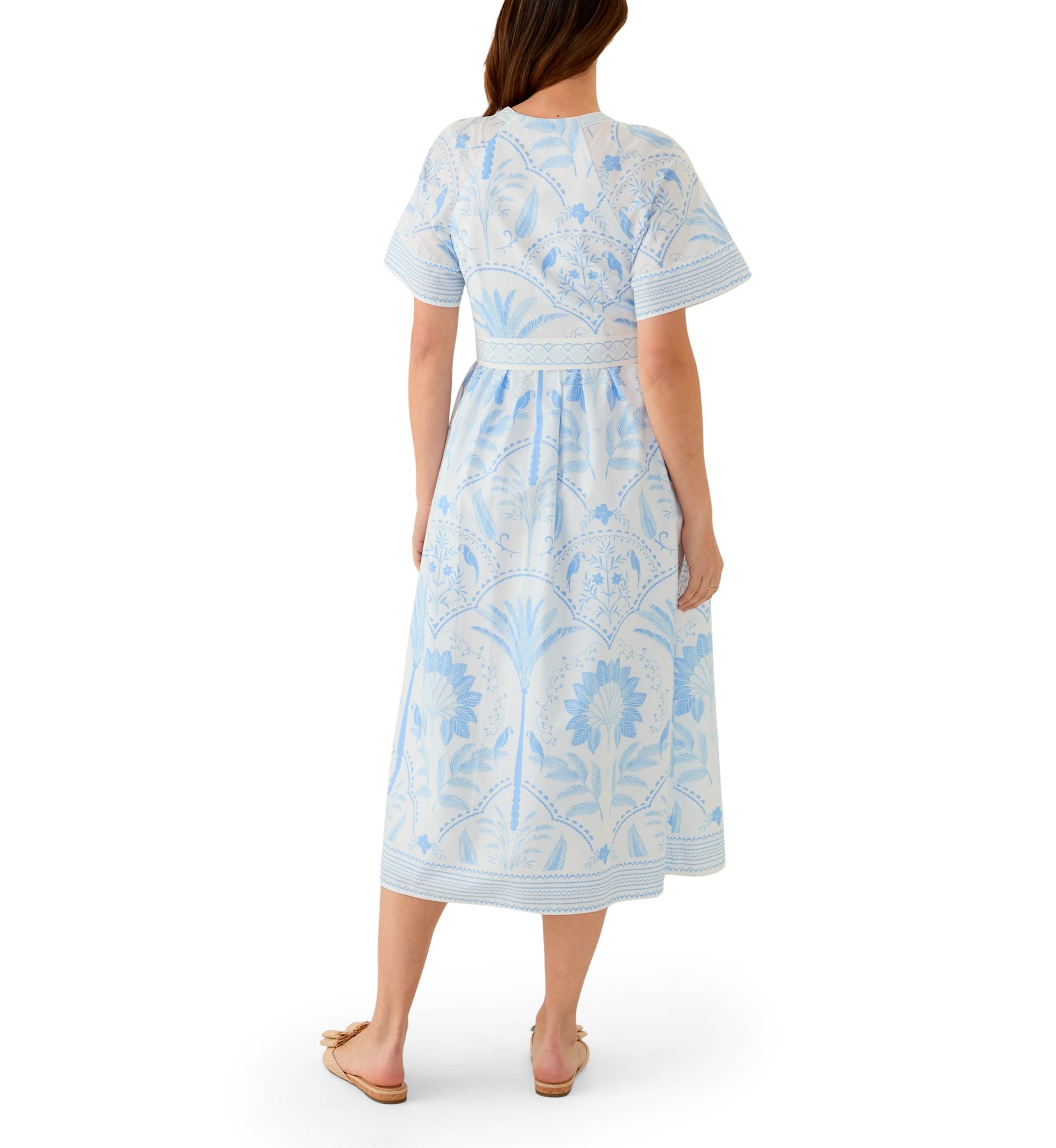 Womens Short Sleeve Embroidered Belted Midi Dress