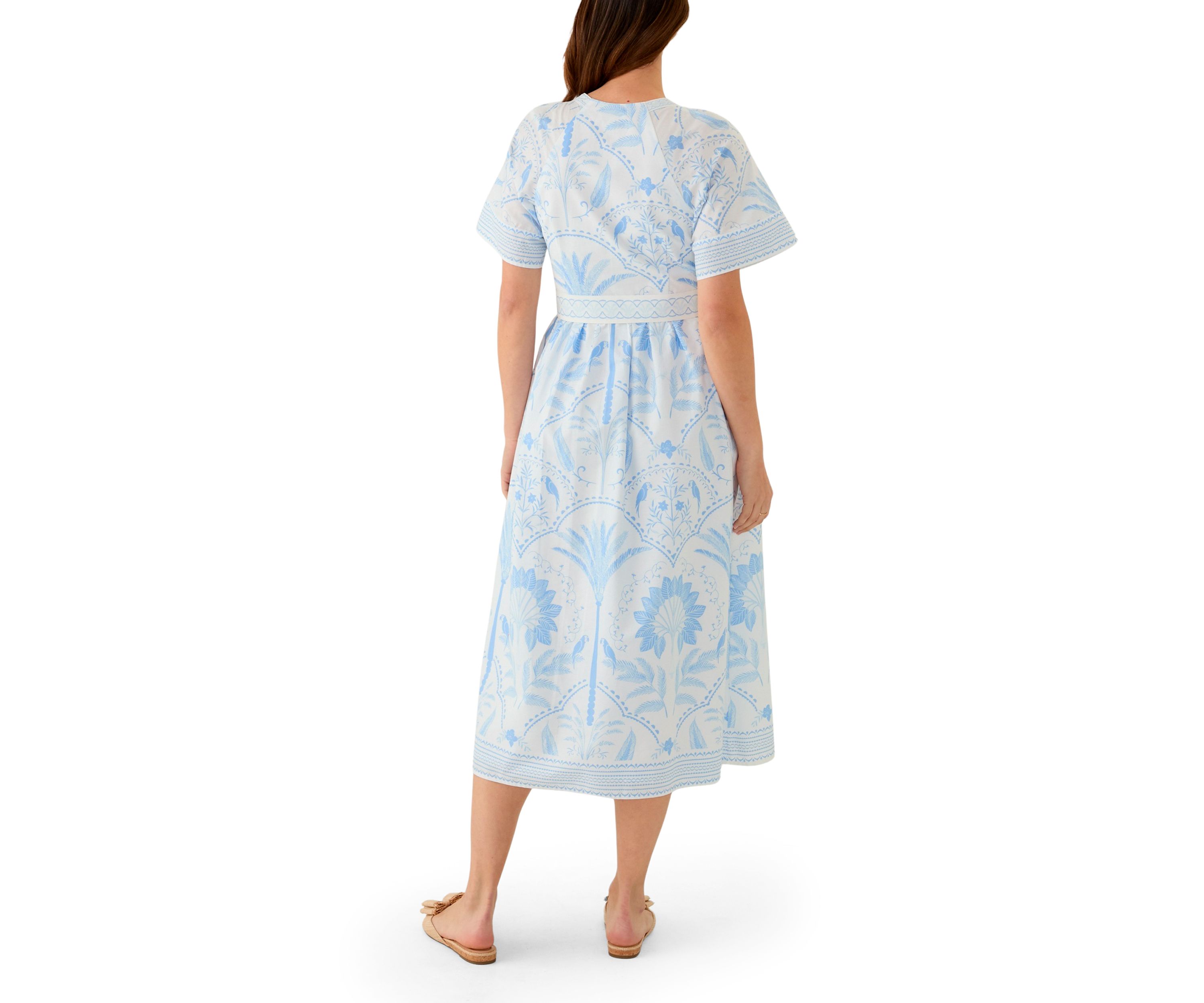 Womens Short Sleeve Embroidered Belted Midi Dress