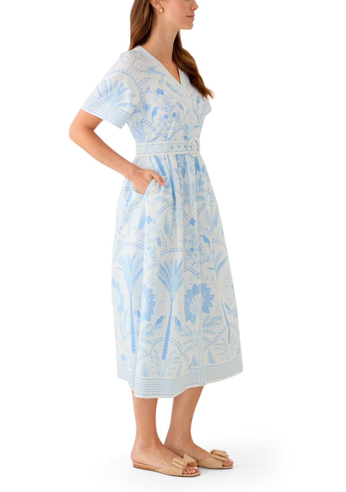 Womens Short Sleeve Embroidered Belted Midi Dress