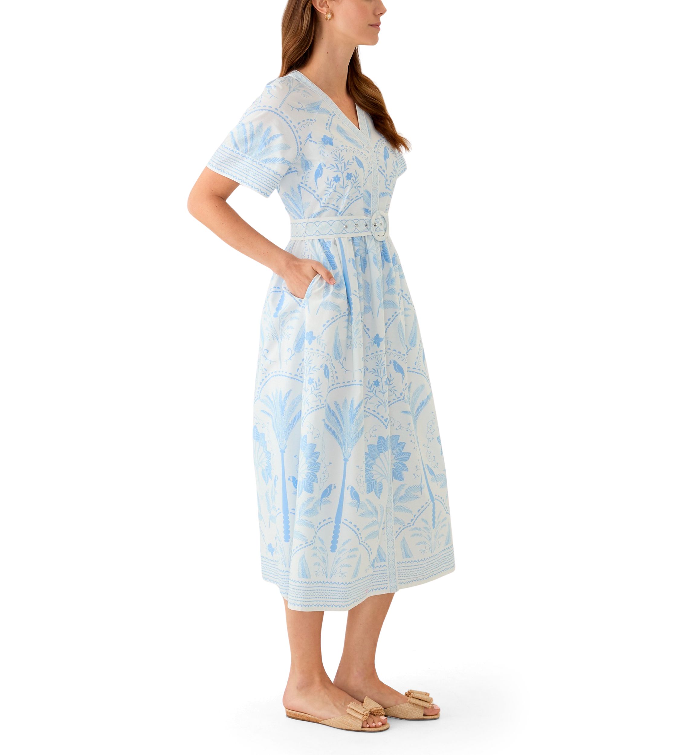 Womens Short Sleeve Embroidered Belted Midi Dress