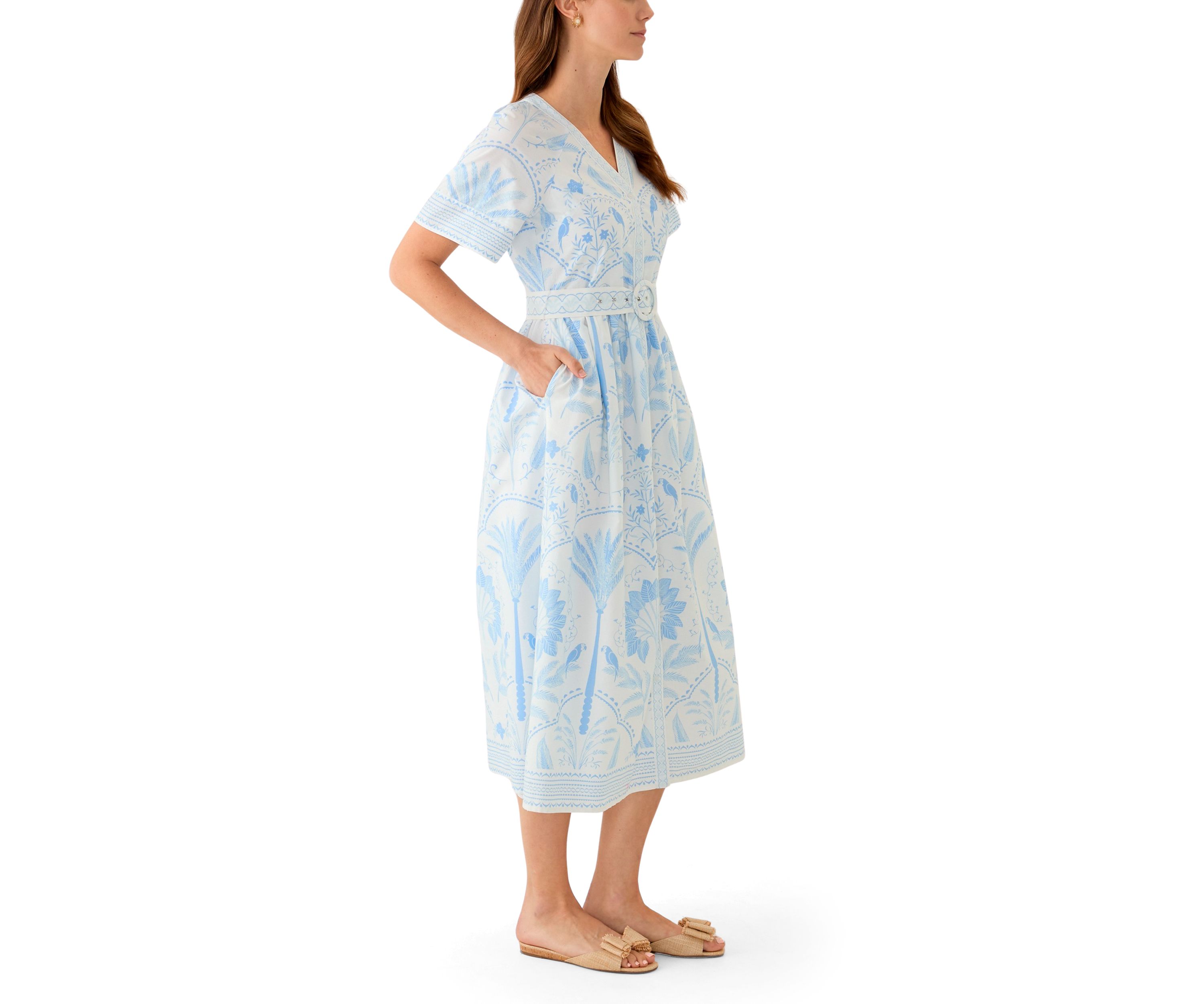 Womens Short Sleeve Embroidered Belted Midi Dress