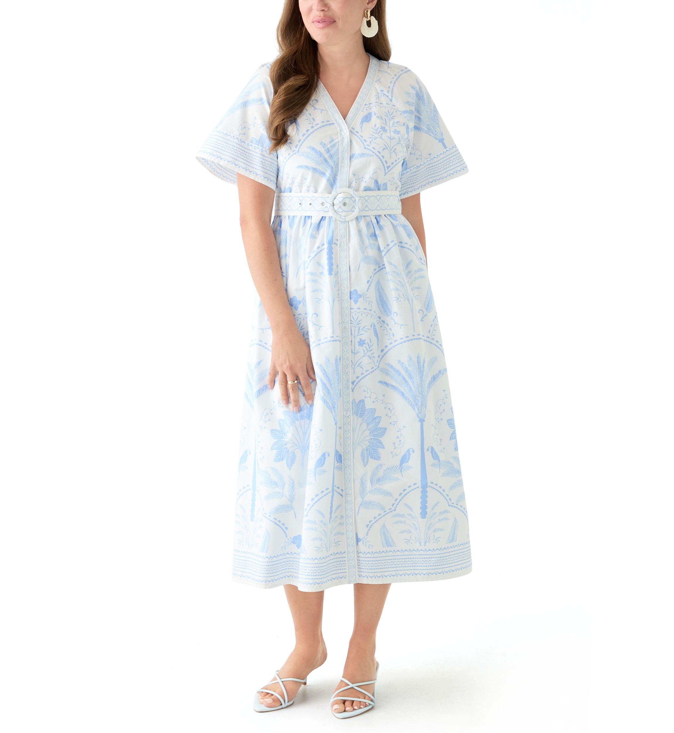 Petite Short Sleeve Embroidered Belted Midi Dress