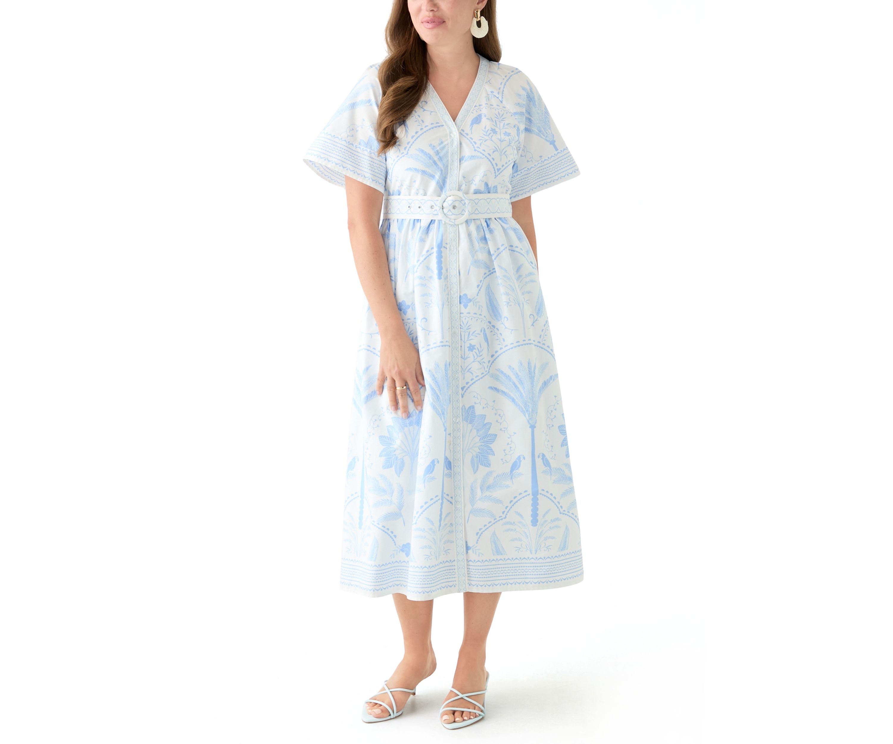 Petite Short Sleeve Embroidered Belted Midi Dress