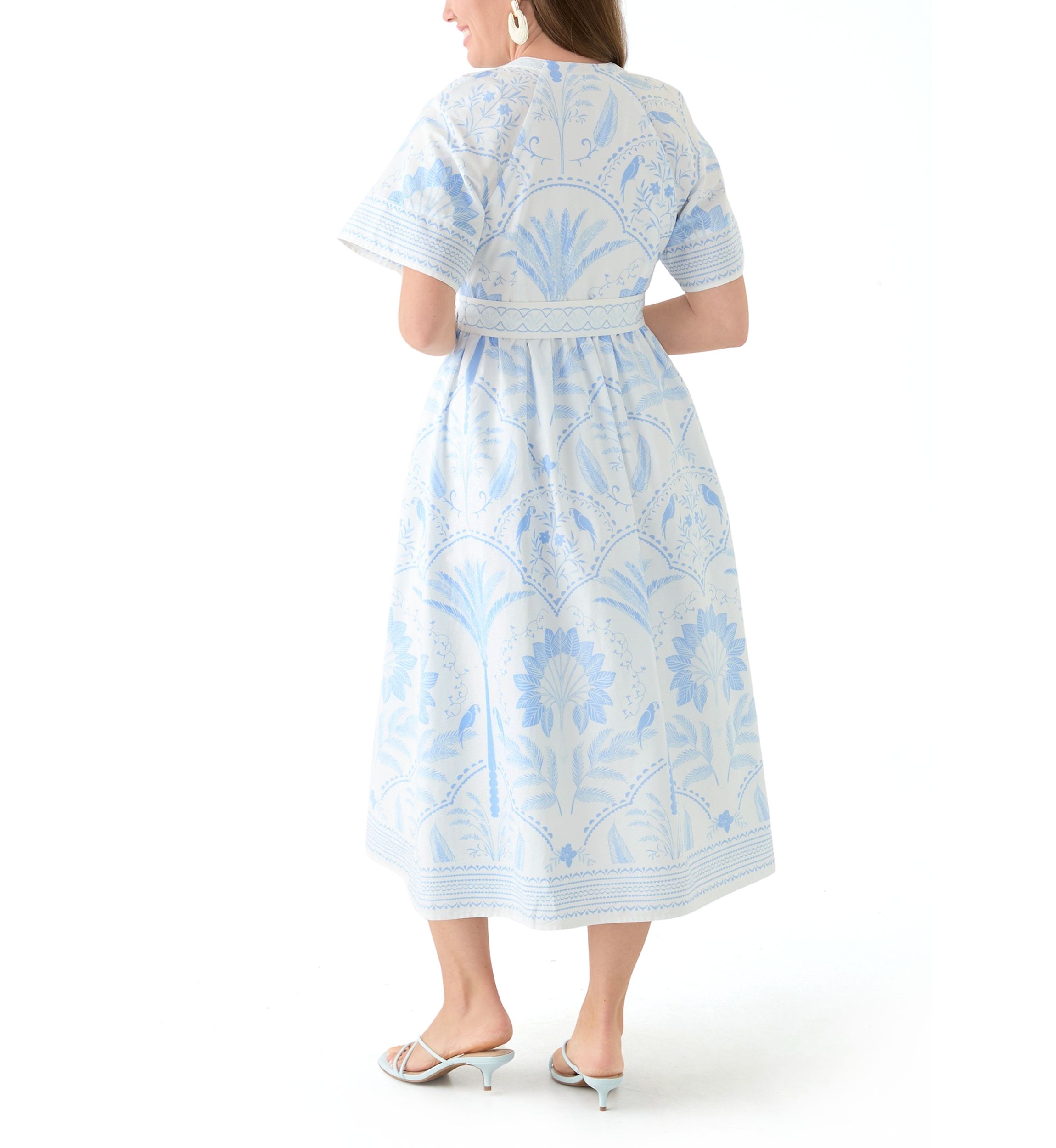 Petite Short Sleeve Embroidered Belted Midi Dress