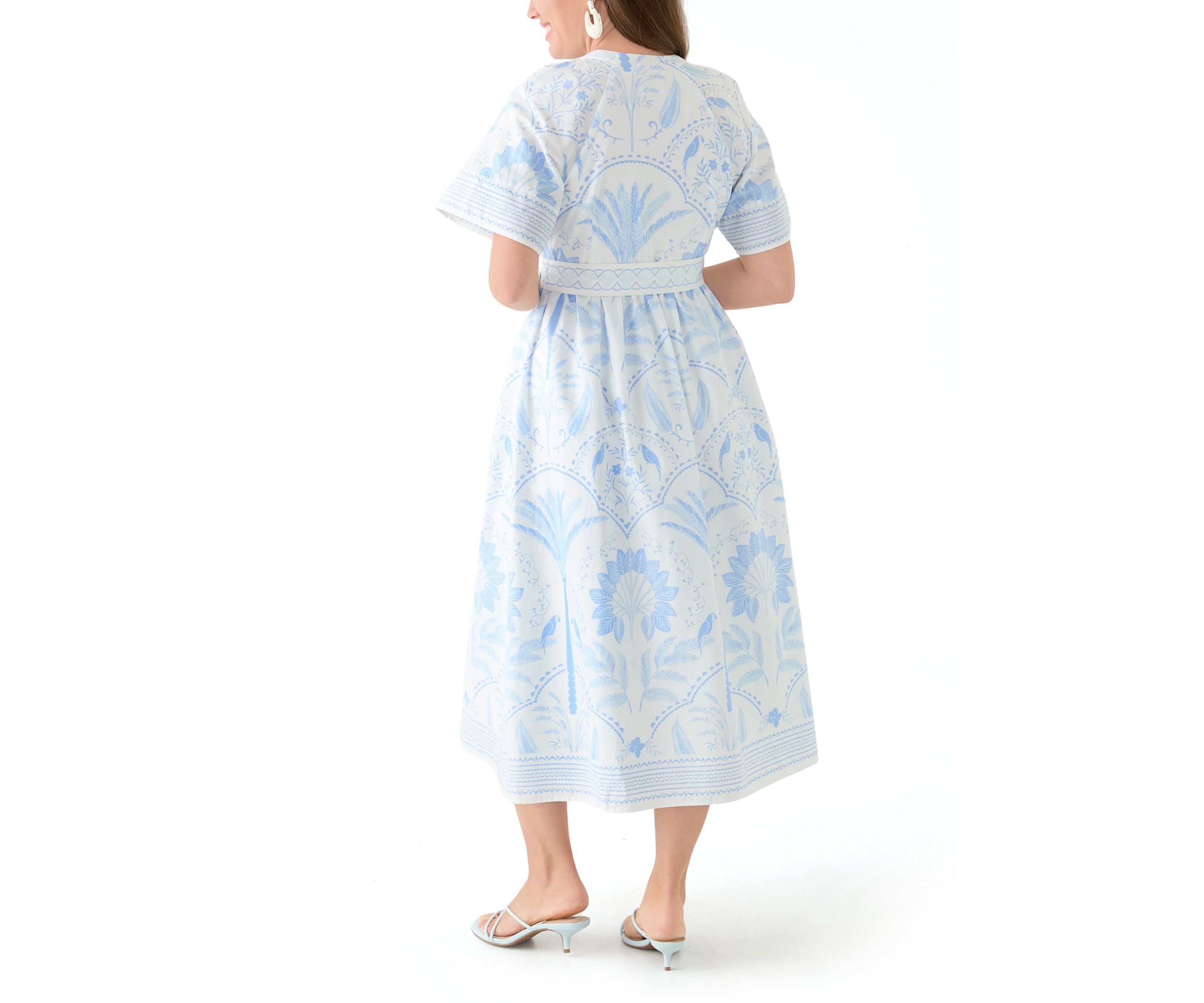 Petite Short Sleeve Embroidered Belted Midi Dress
