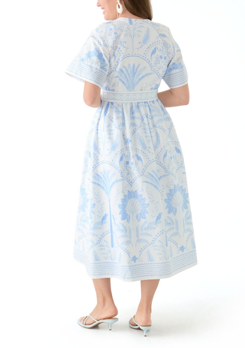 Petite Short Sleeve Embroidered Belted Midi Dress