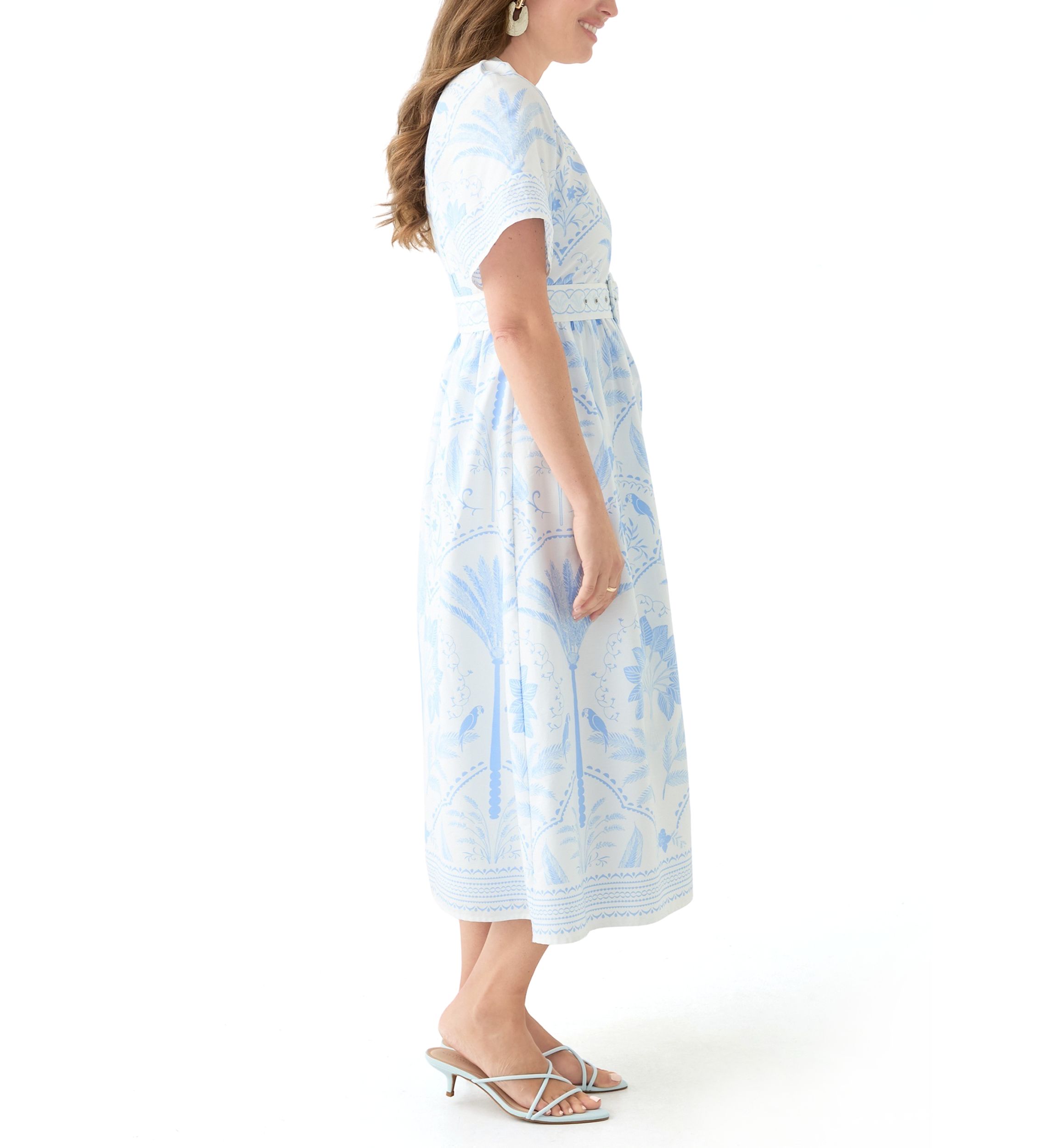 Petite Short Sleeve Embroidered Belted Midi Dress