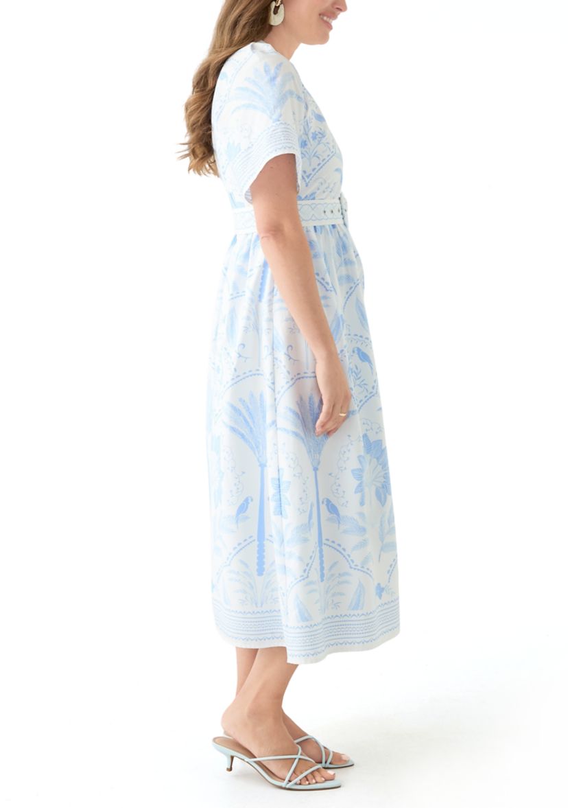 Petite Short Sleeve Embroidered Belted Midi Dress