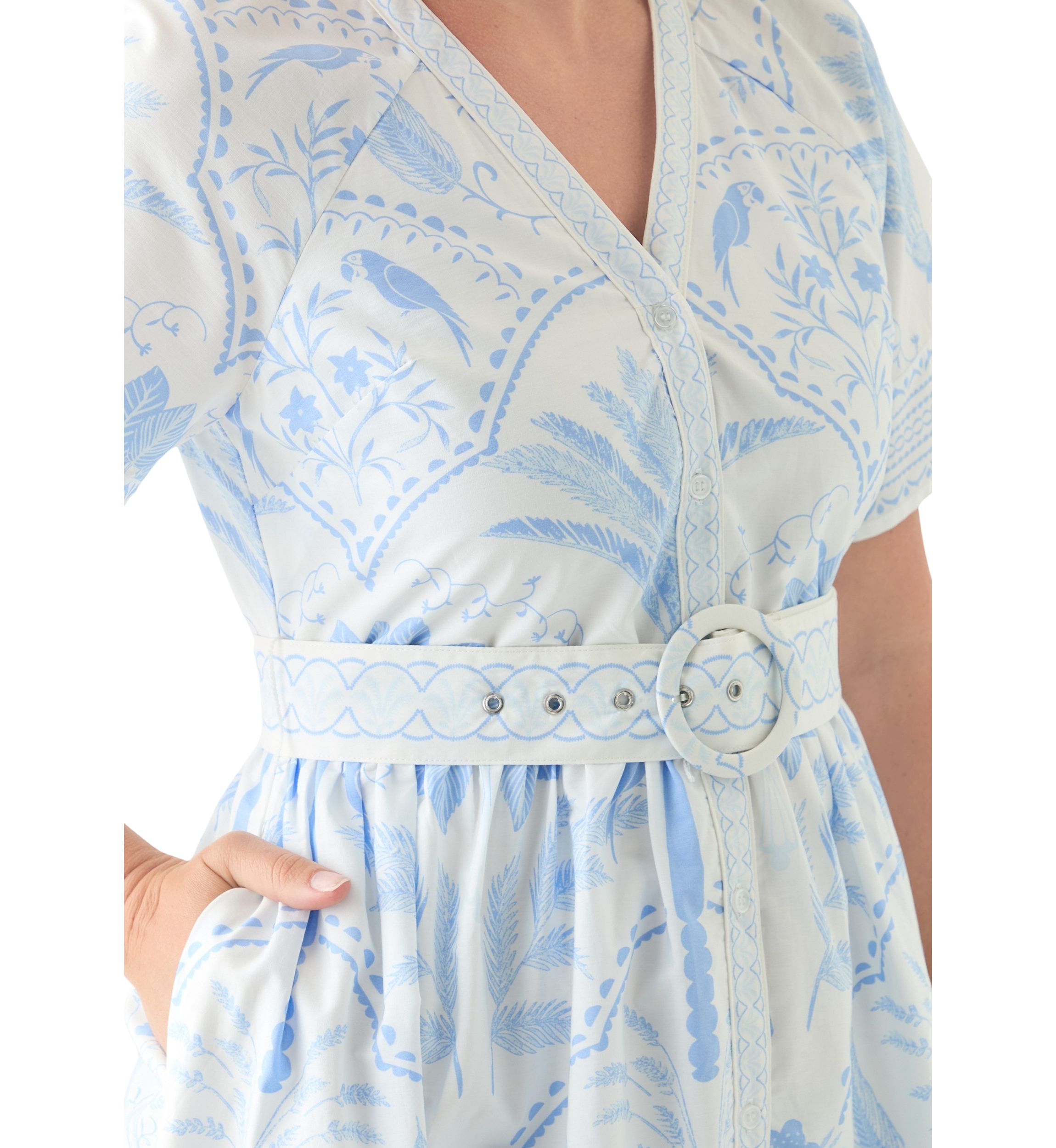 Petite Short Sleeve Embroidered Belted Midi Dress