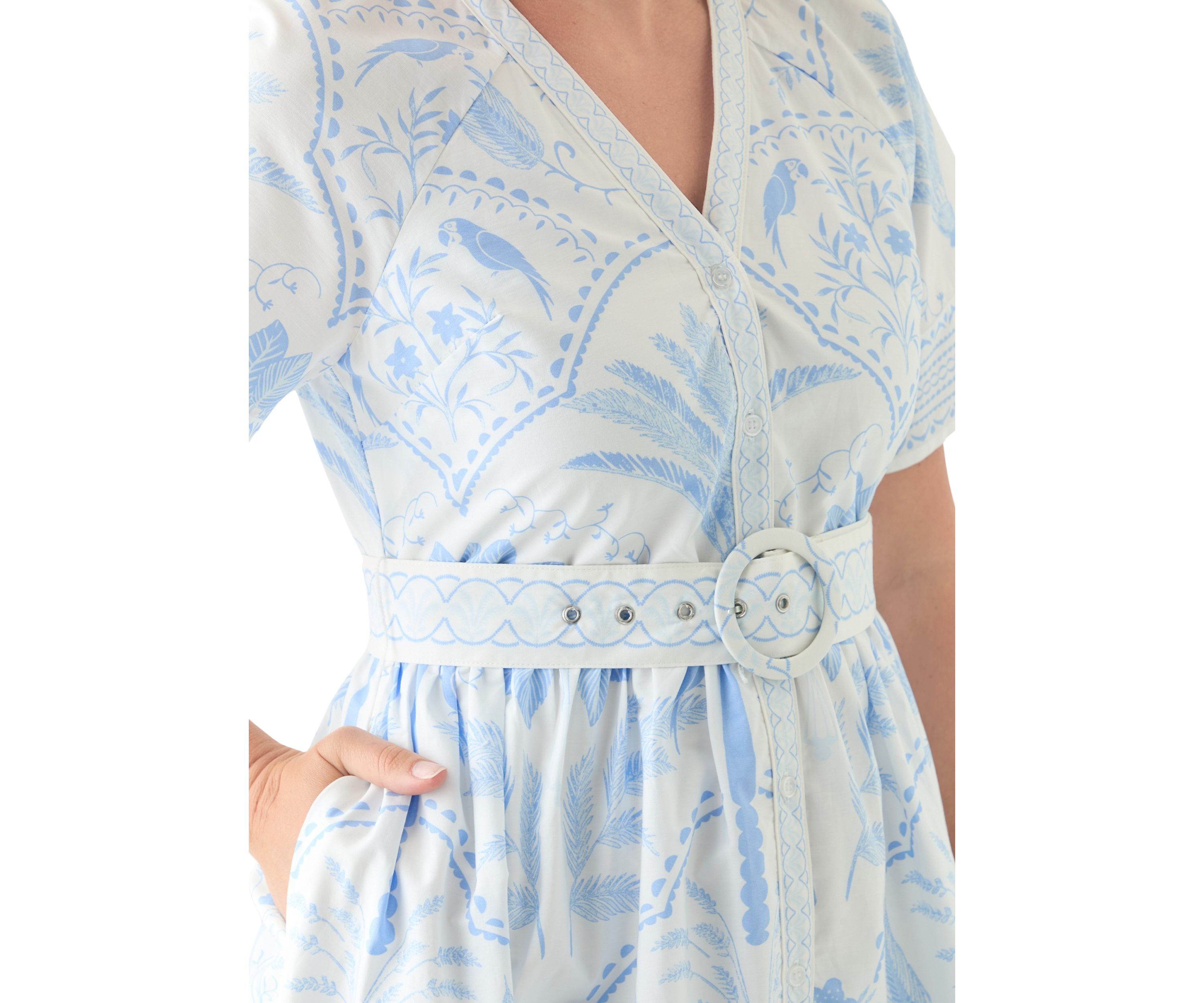 Petite Short Sleeve Embroidered Belted Midi Dress