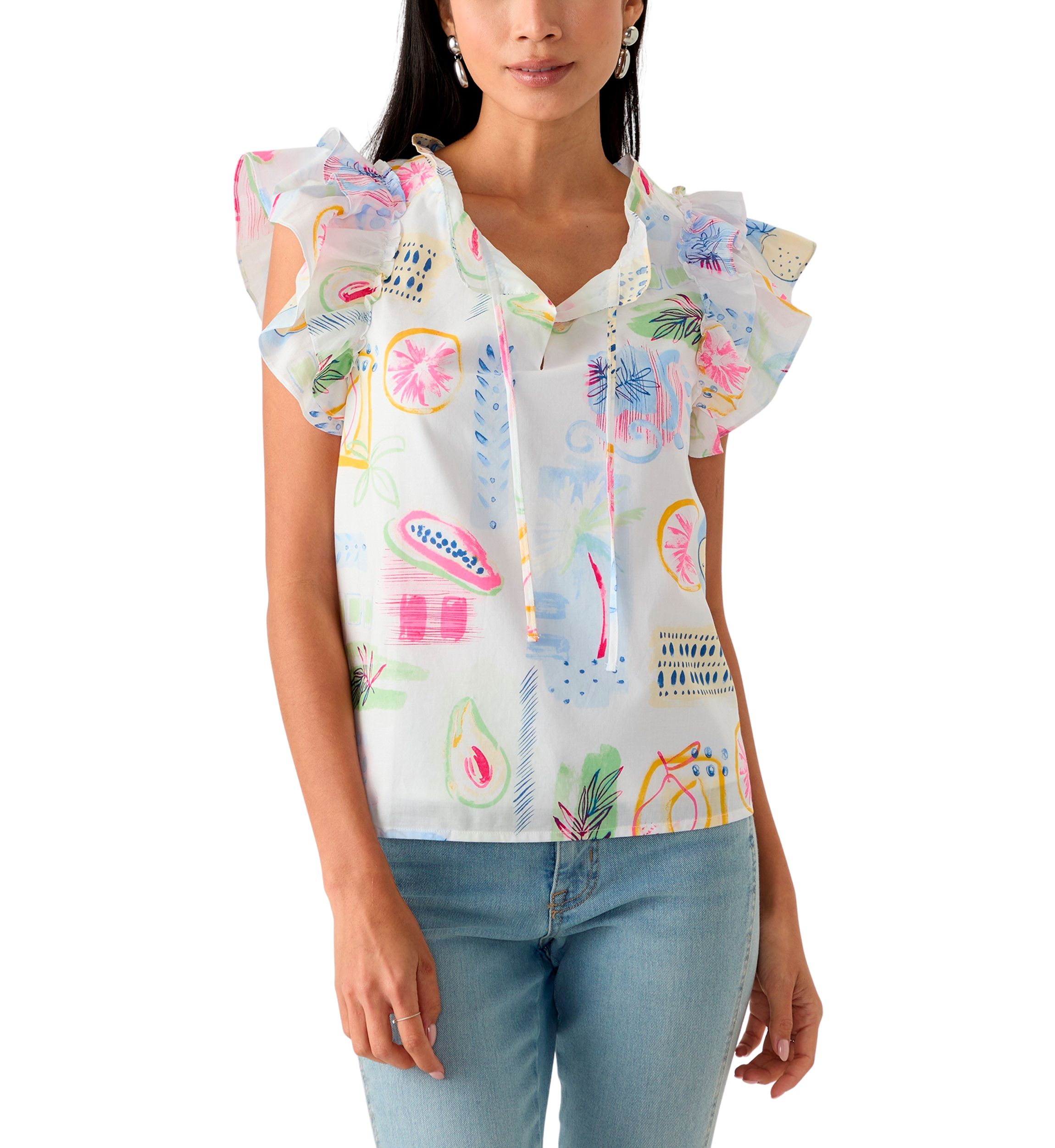 Womens Split Neck Tie Front Ruffle Sleeve Top