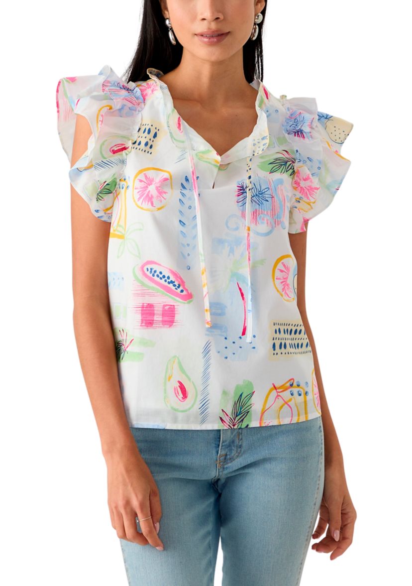 Womens Split Neck Tie Front Ruffle Sleeve Top