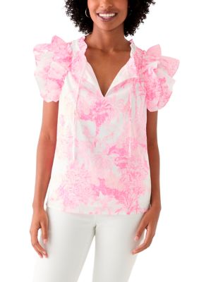 Womens Split Neck Tie Front Ruffle Sleeve Top