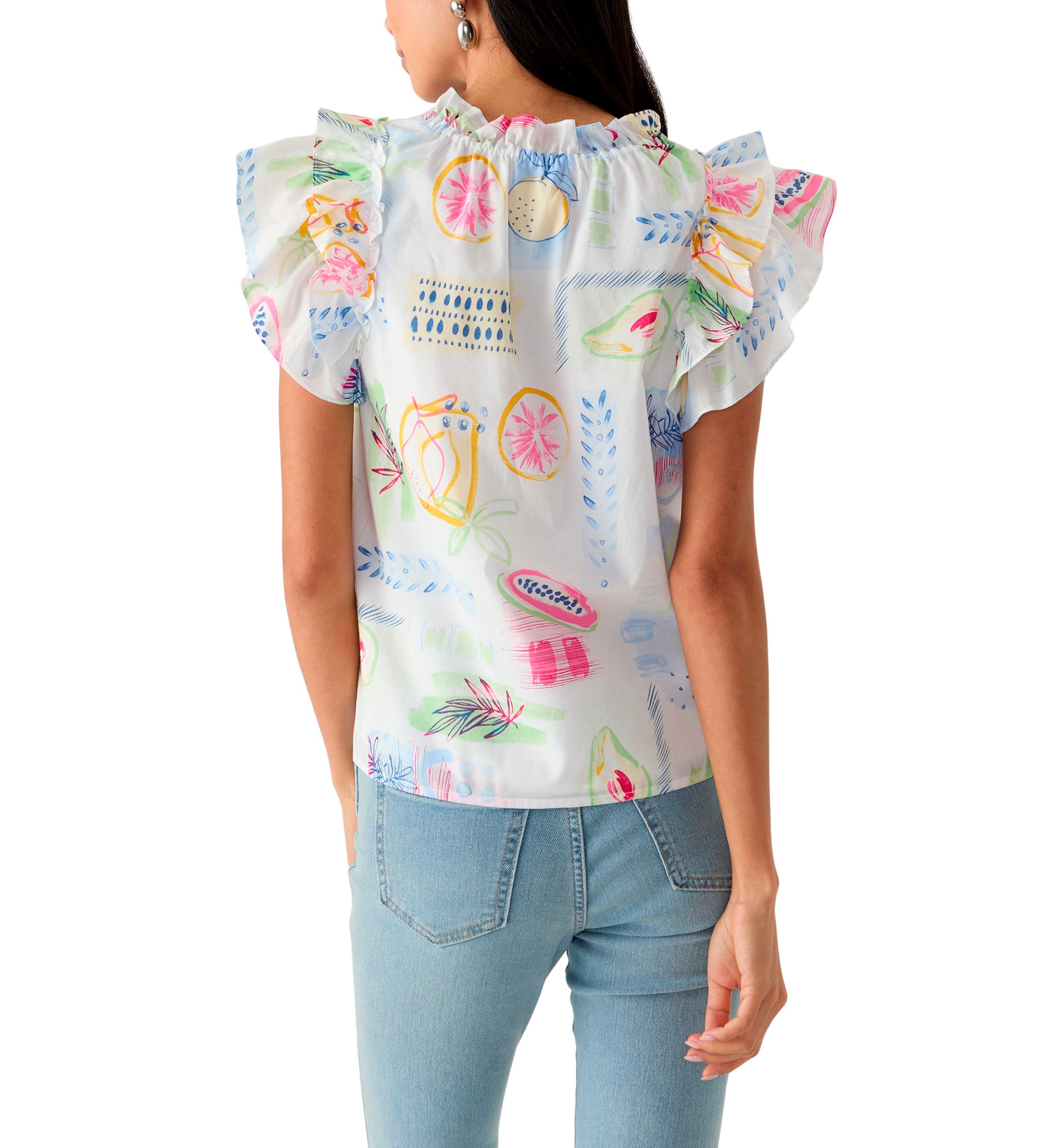 Womens Split Neck Tie Front Ruffle Sleeve Top