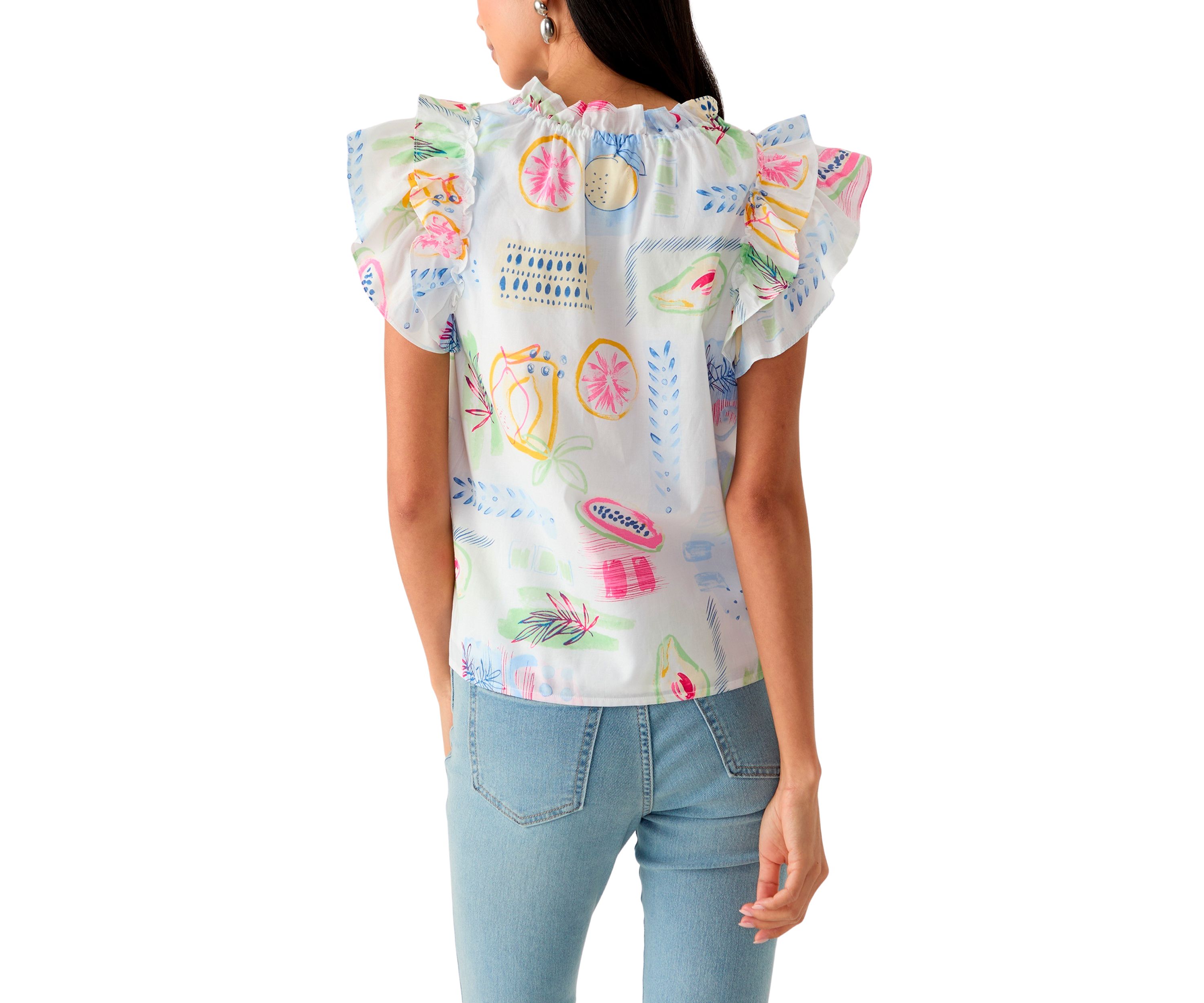 Womens Split Neck Tie Front Ruffle Sleeve Top