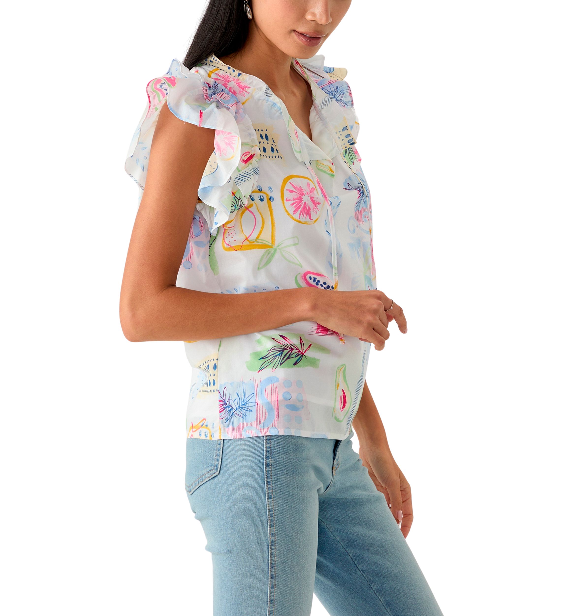 Womens Split Neck Tie Front Ruffle Sleeve Top