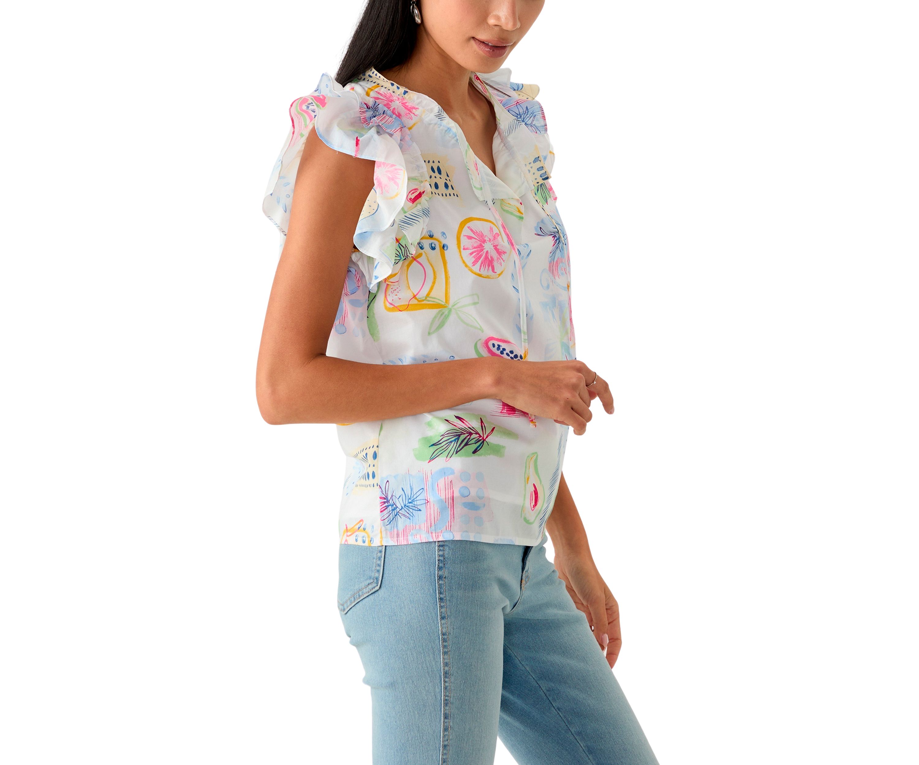Womens Split Neck Tie Front Ruffle Sleeve Top