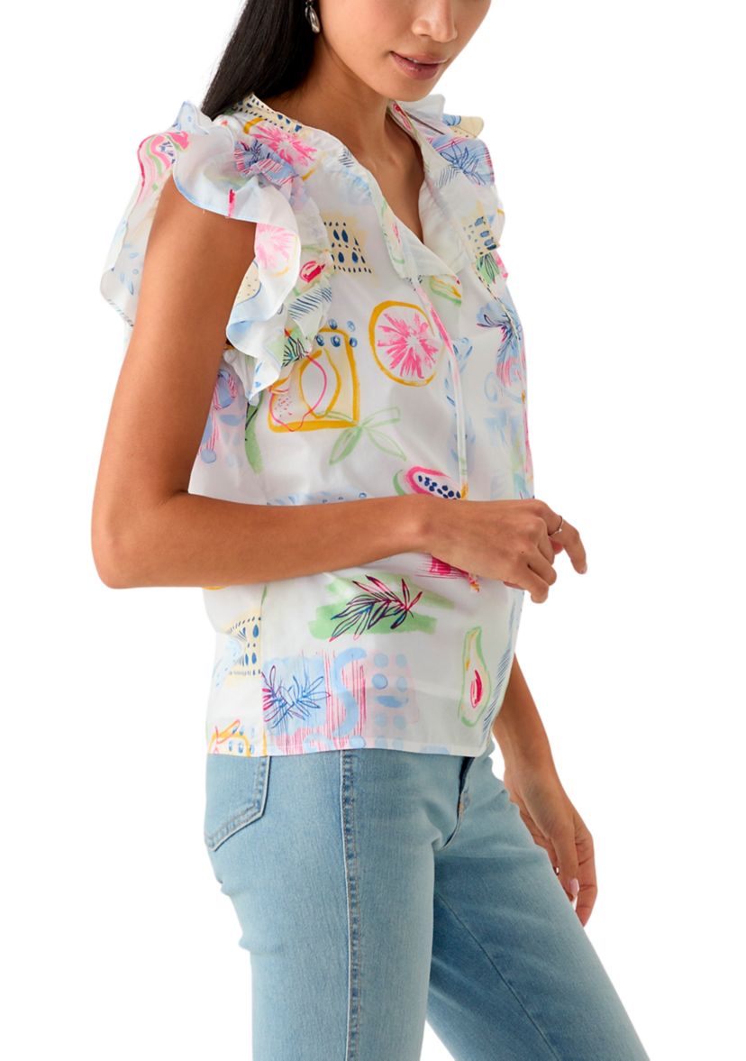 Womens Split Neck Tie Front Ruffle Sleeve Top