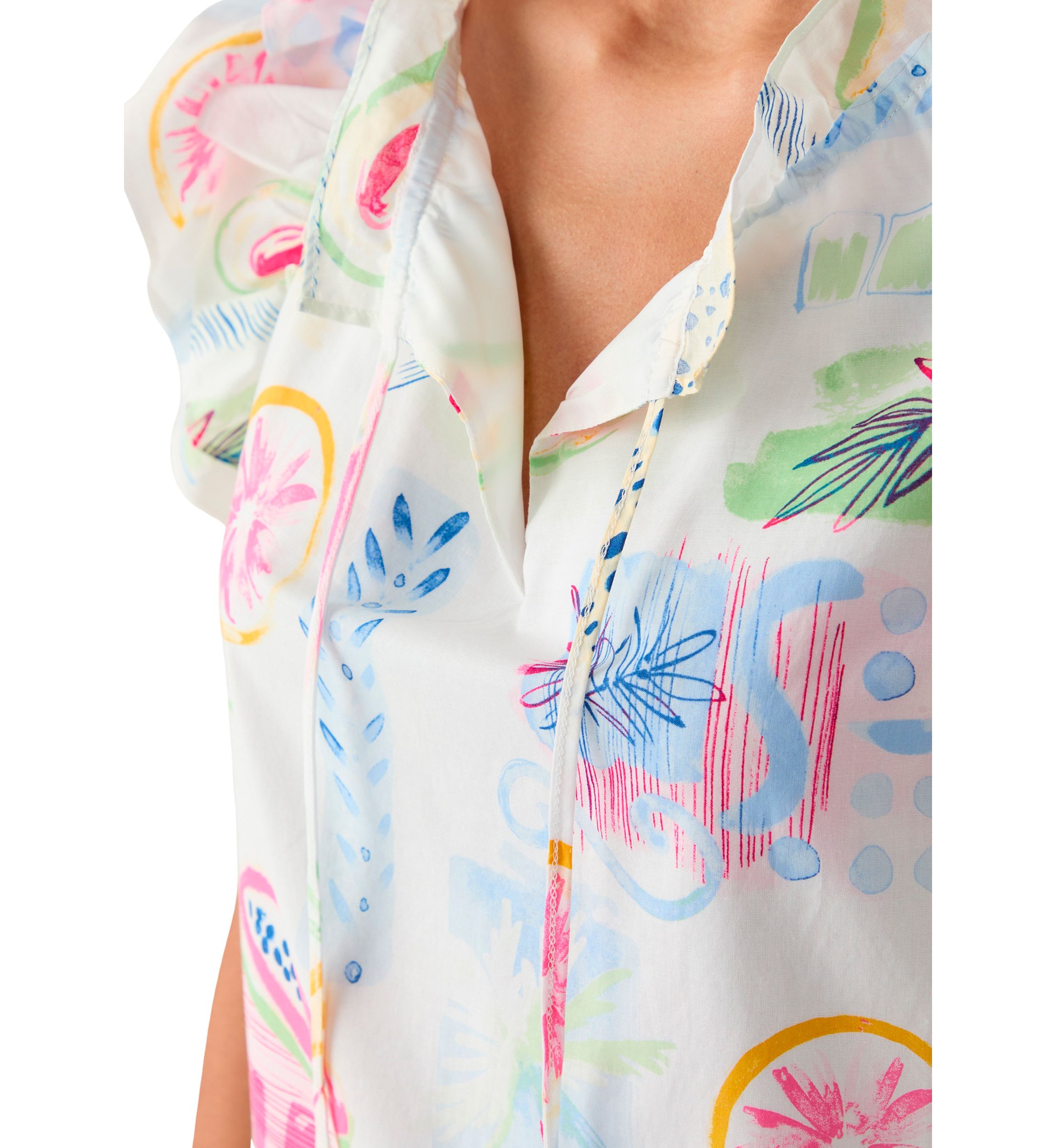 Womens Split Neck Tie Front Ruffle Sleeve Top