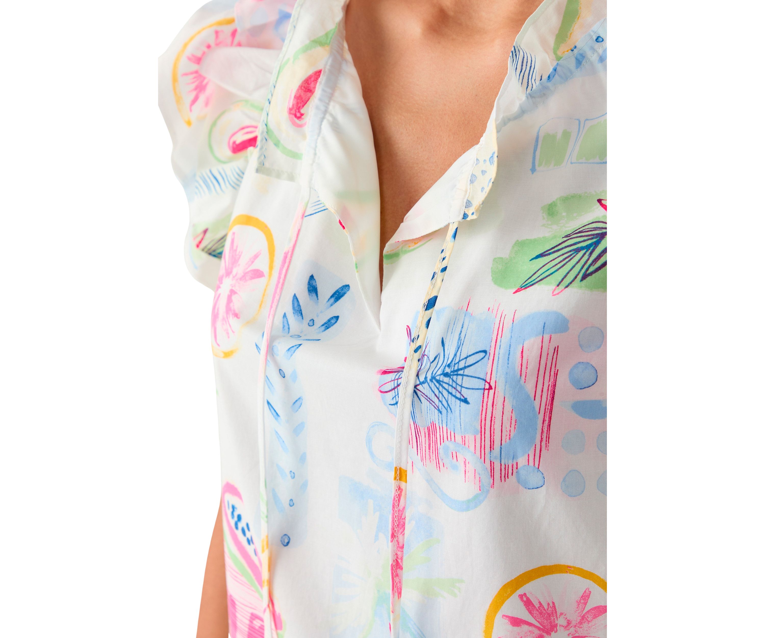 Womens Split Neck Tie Front Ruffle Sleeve Top