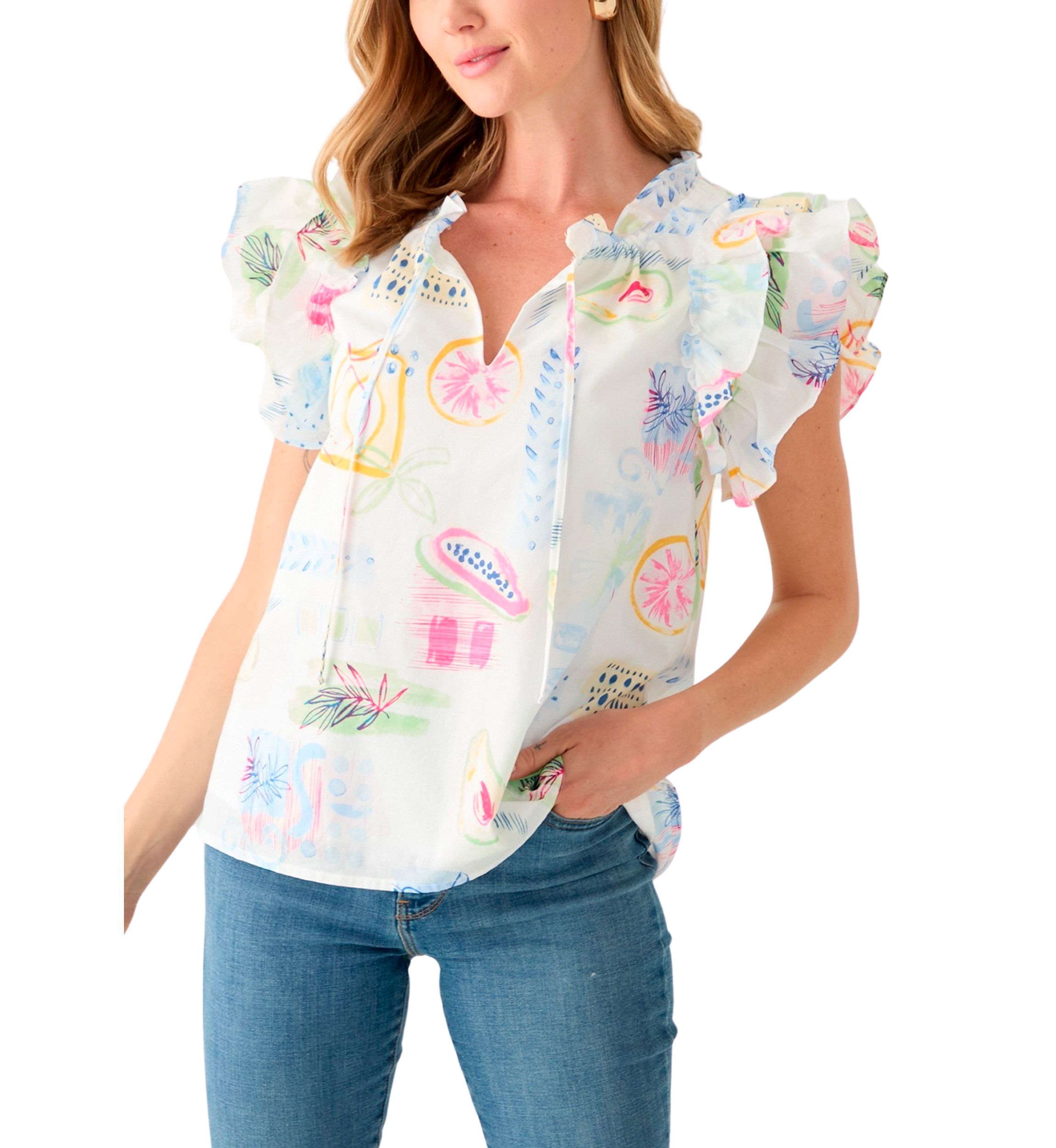 Petite Split Tie Front Flutter Sleeve Blouse
