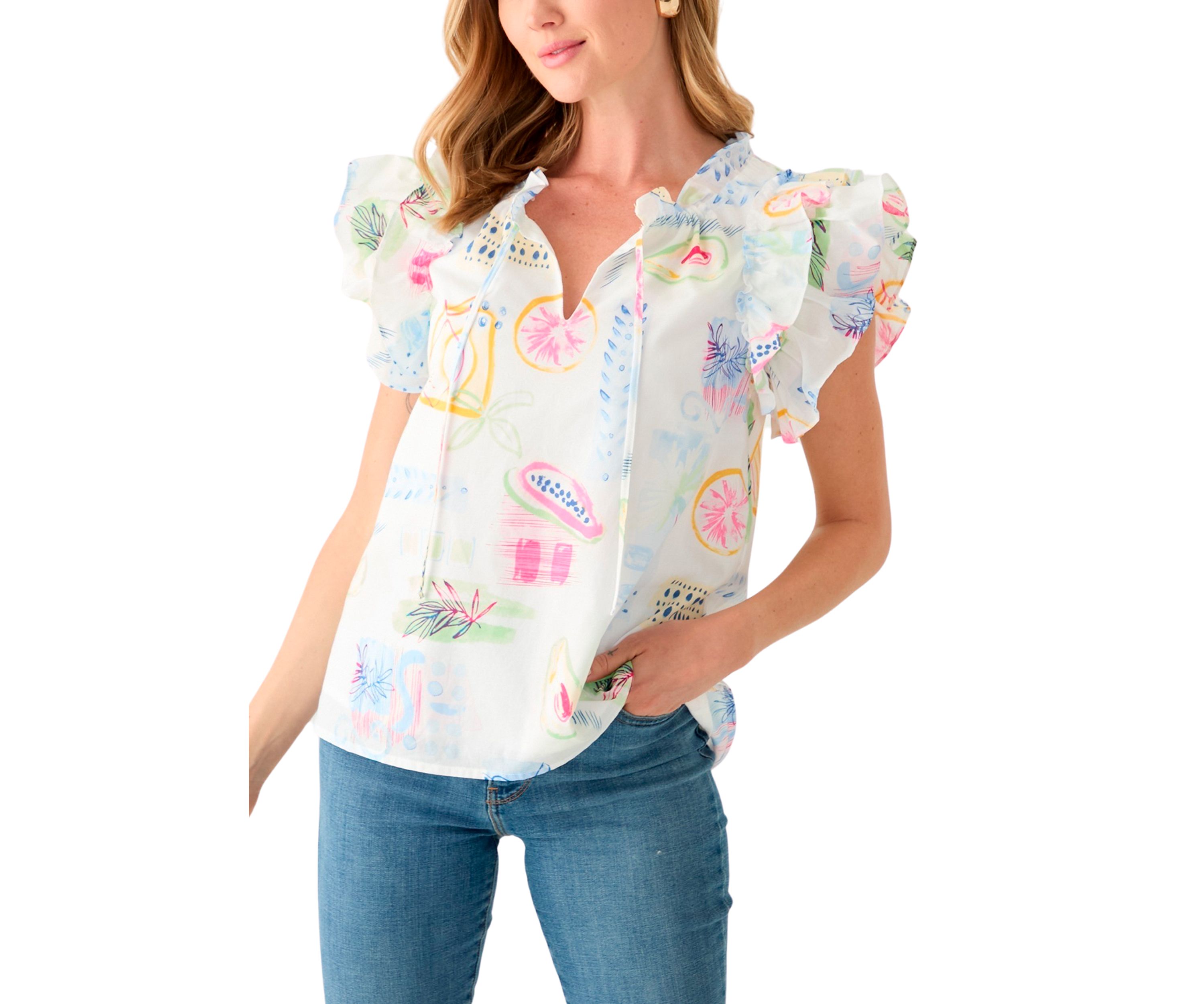 Petite Split Tie Front Flutter Sleeve Blouse