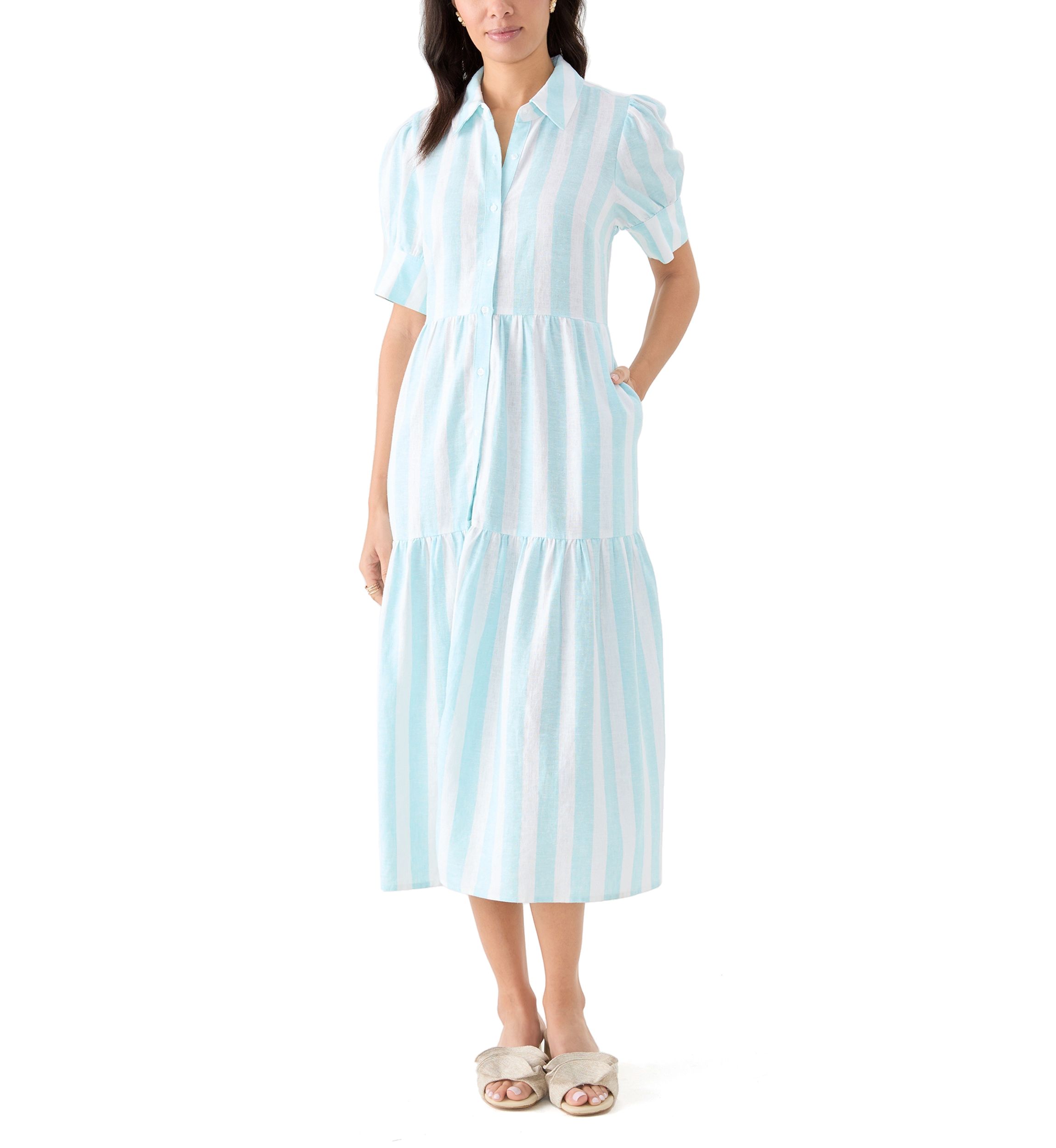 Womens Short Sleeve Tiered Striped Shirtdress 