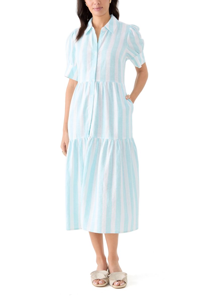 Womens Short Sleeve Tiered Striped Shirtdress 